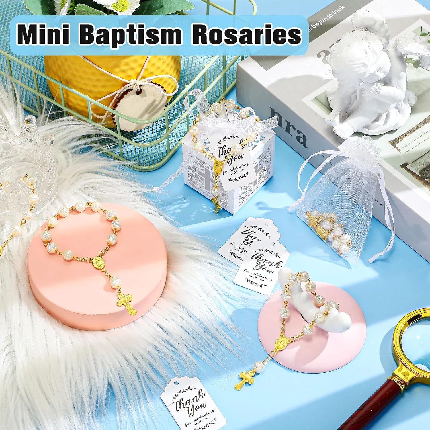 Sureio 100 Pieces Baptism Favors Set Includes 25 Pieces Mini Rosary, Laser Cut Baptism Favor Boxes, White Organza Bags and 25 Pcs Thank You Tags for Baby Shower Gifts Wedding Party Supplies