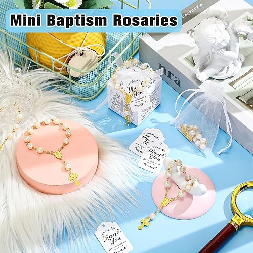 Miniatura 11 de El juego de 100 recuerdos de bautismo incluye 25 piezas de mini rosario, cajas de regalo de bautismo cortadas con láser, bolsas de organza blanca
