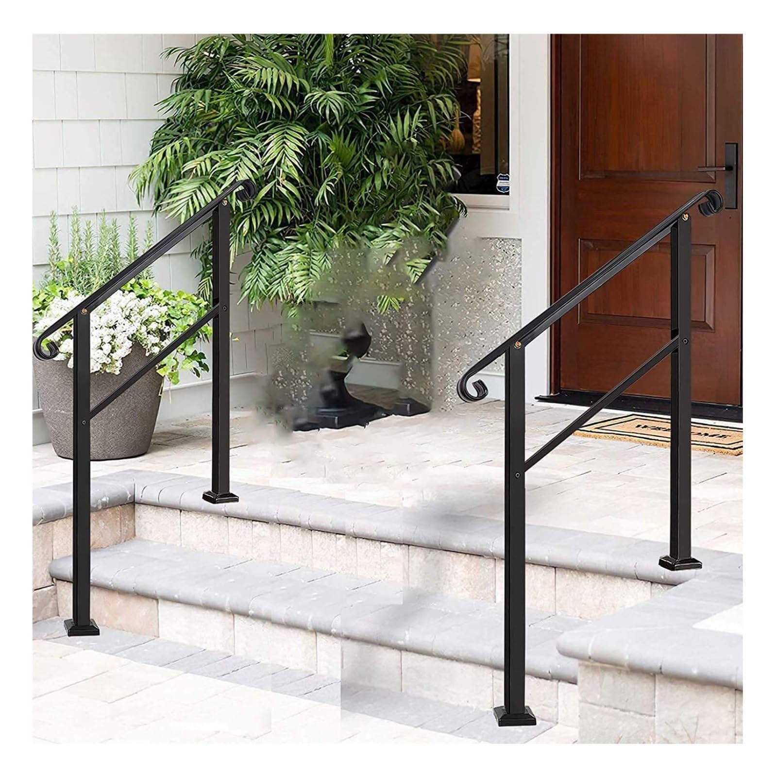 Stair handrail Wrought Mattle Iron Stair Railing with Curved Ends for Concrete Porch Steps One-Step Assembly Black
