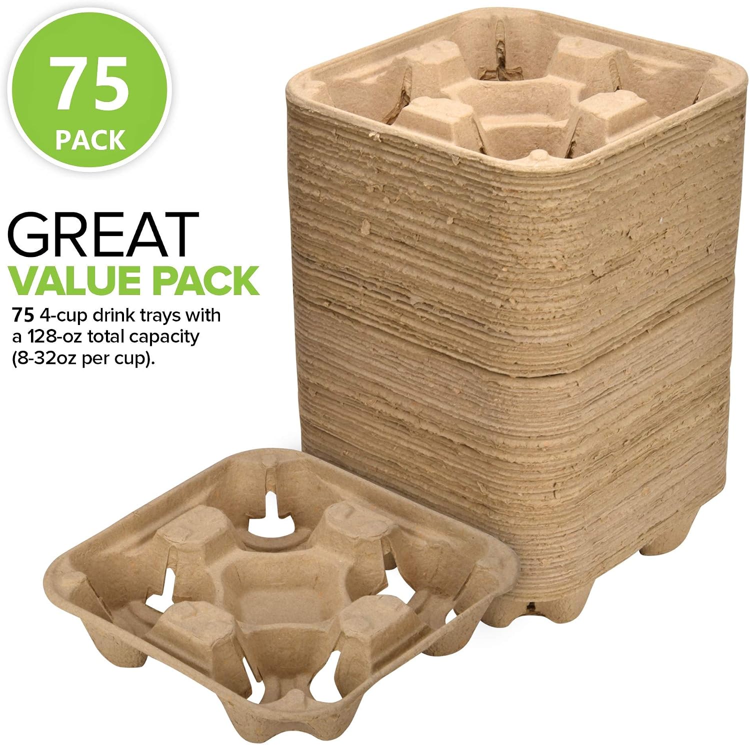4 Cup Disposable Coffee Tray (75 Count) - Biodegradable and Compostable Cup Holder - Durable Drink Carrier for Hot or Cold Drinks - to Go Coffee Cup Holder for Food Delivery Service, Uber Eats