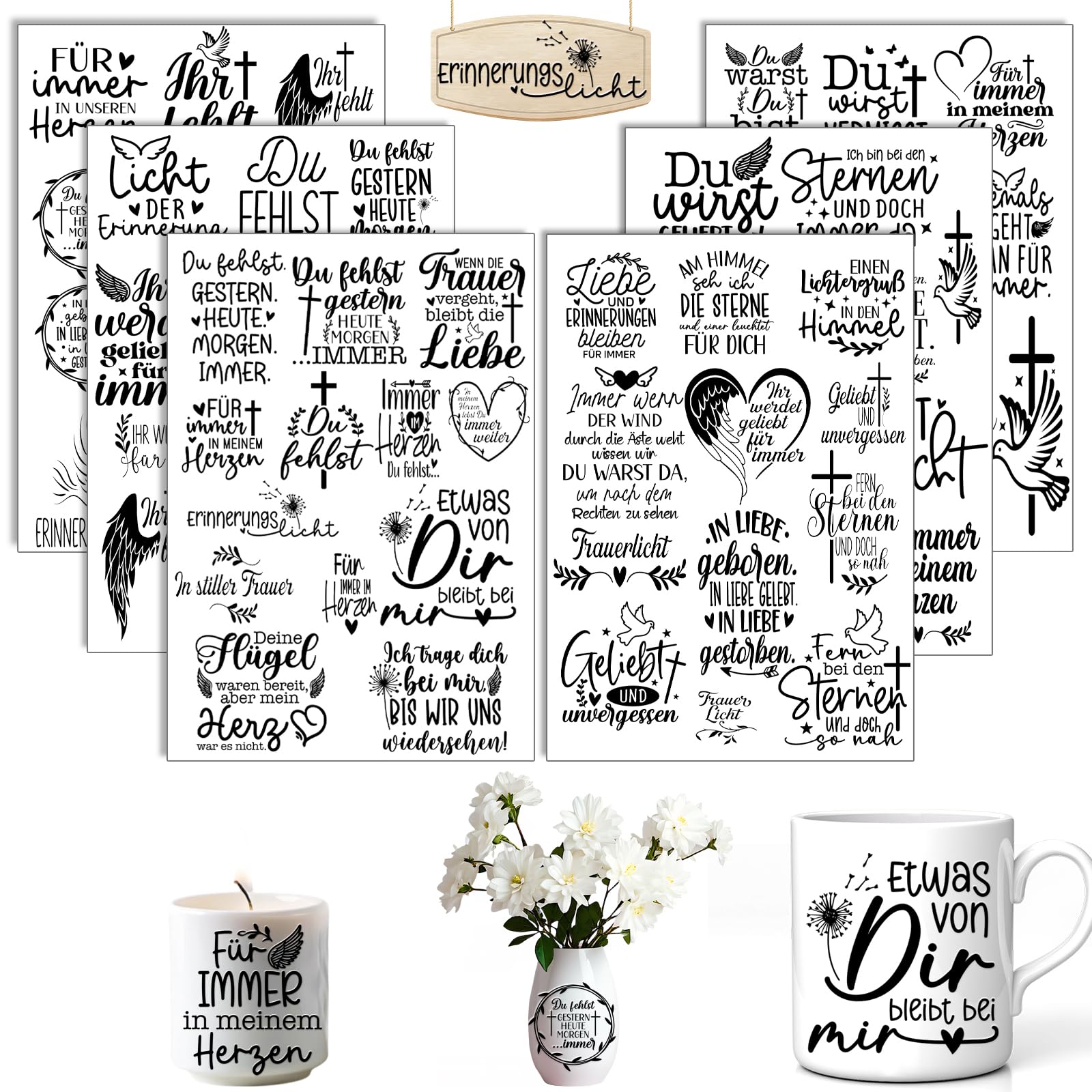 Rub On Sticker Trauer 6× A5 Transferaufkleber ohne Kleber, Gedenkaufkleber für Möbel, Glas & Holz, Rub-On Folie für Scrapbooking, DIY & stille Dekoration