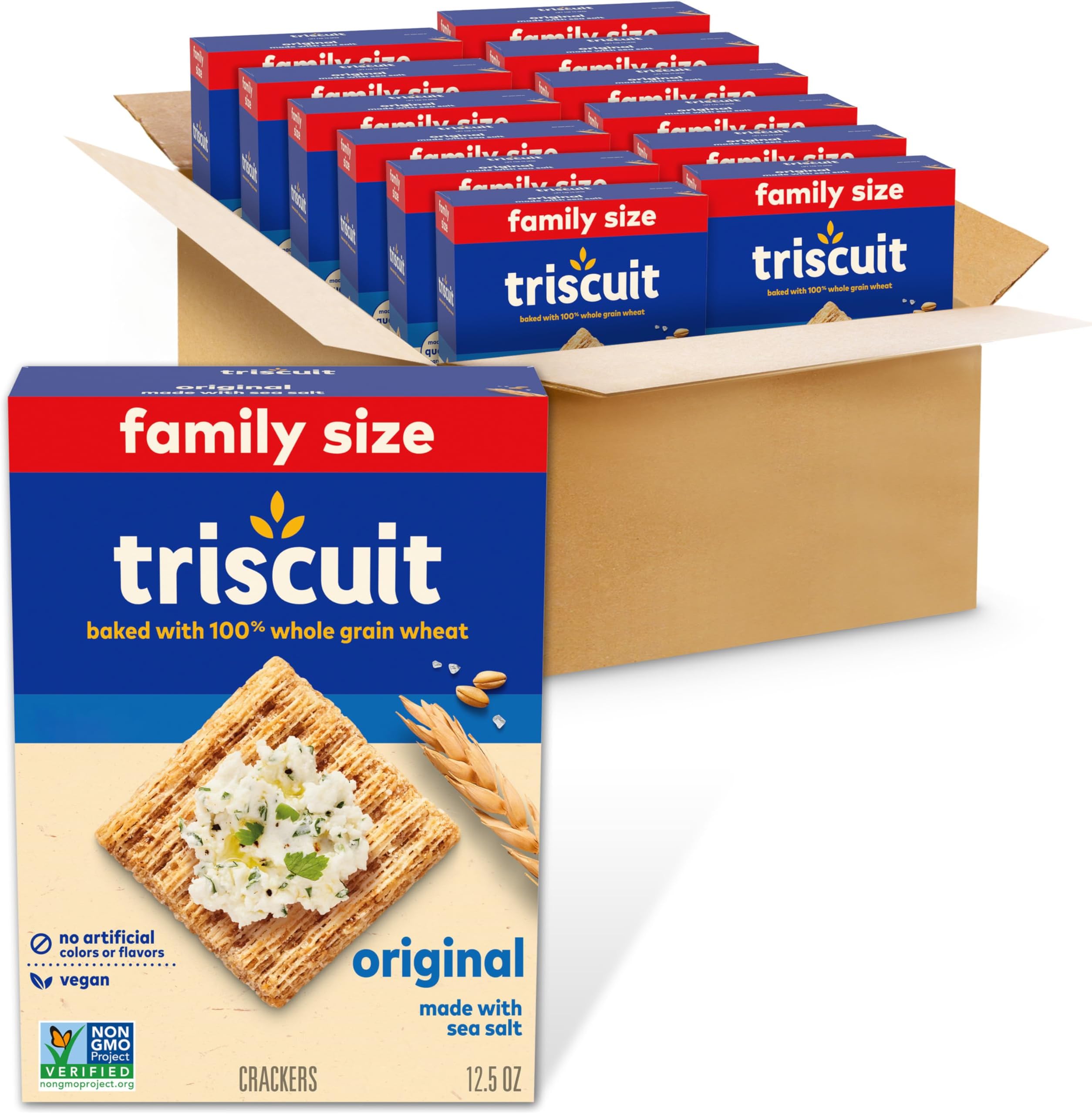 Triscuit Original Whole Grain Wheat Crackers, Vegan Crackers, Family Size, 12 - 12.5 oz Boxes