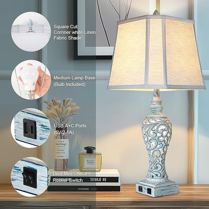 LuxSight Collection Table Lamp Bedside Lamps Set of 2, 28.5'' Luxsight Farmhouse Table Lamps for Bedroom, Lamps for Nightstands with Night Lights, with USB C+A Ports, Rustic Lamp for Living Room, Bulb Included photo 5