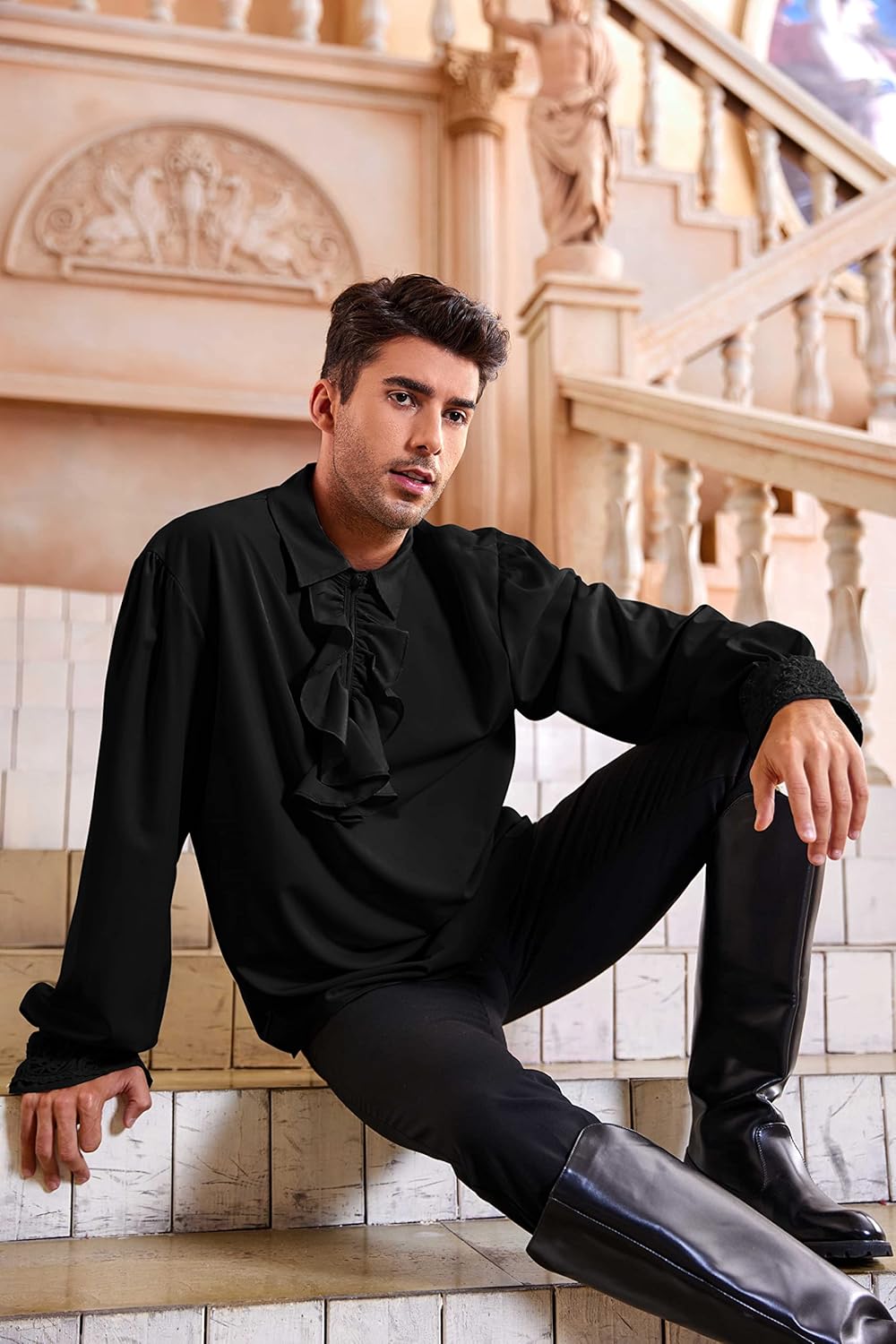 Bbalizko Mens Pirate Shirt Ruffle Victorian Renaissance Steampunk Vampire Poet Shirts Gothic Medieval Costume - Image 3