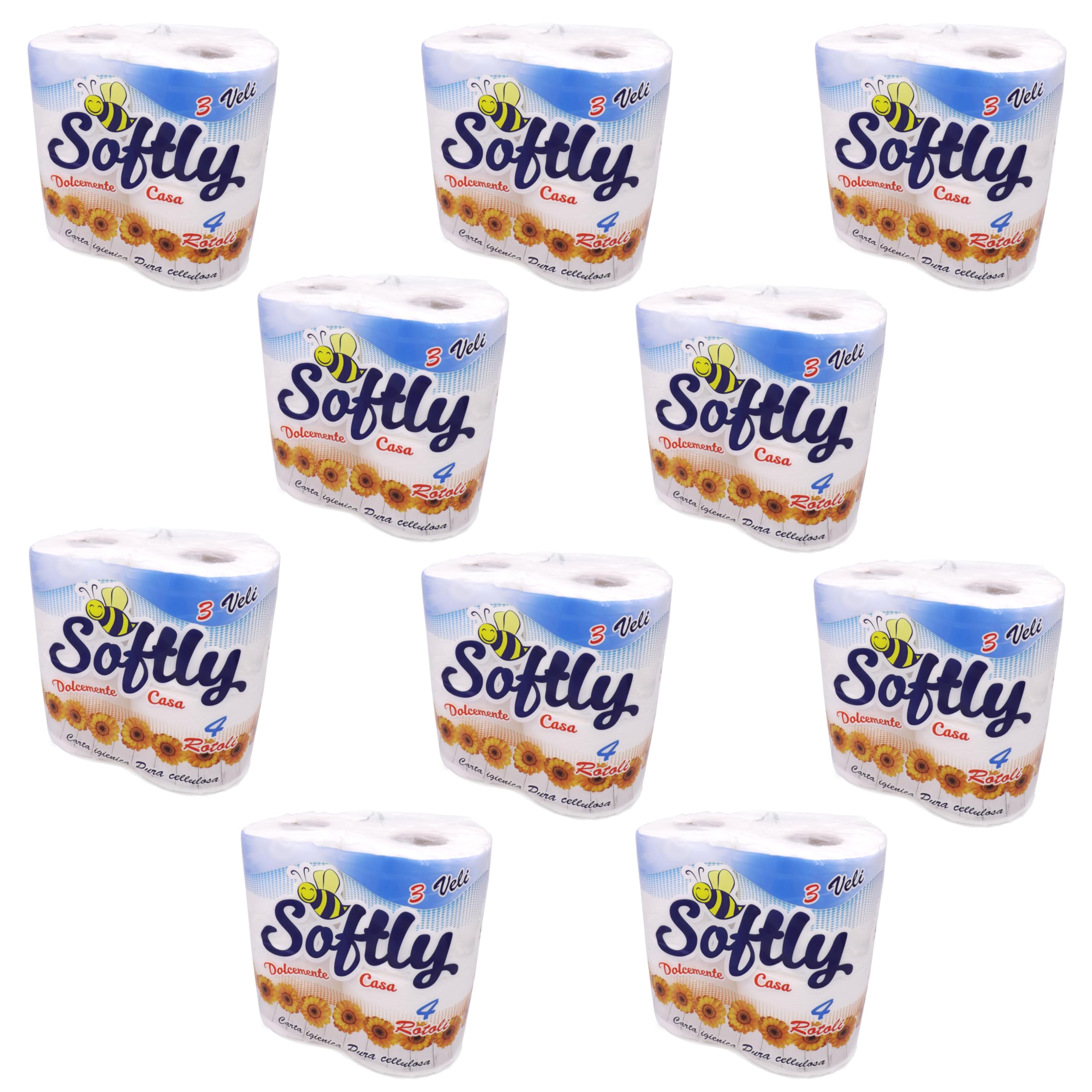 Carta Igienica Softly 3 Veli, 40 Rotoli (10 pacchi da 4 rotoli), Morbida e Resistente, Goffratura Floreale, Bianca, in Pura Cellulosa, Delicata sulla Pelle, Non Profumata