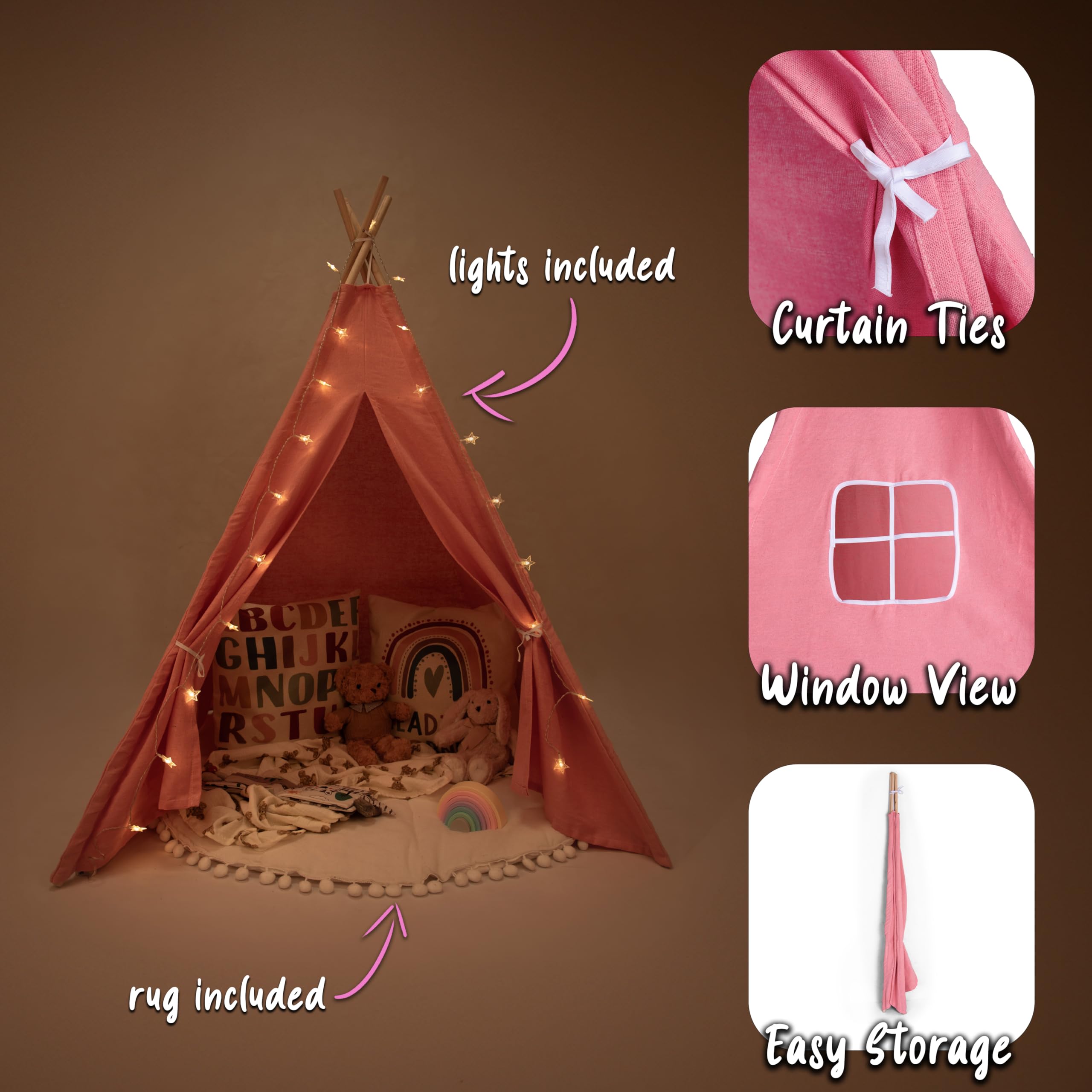 Tienda tipi rosa pálido para niños | Tienda de juego emergente para niñas y niños 140 x 120 cm lona de algodón con estrellas luminosas y accesorios de alfombra