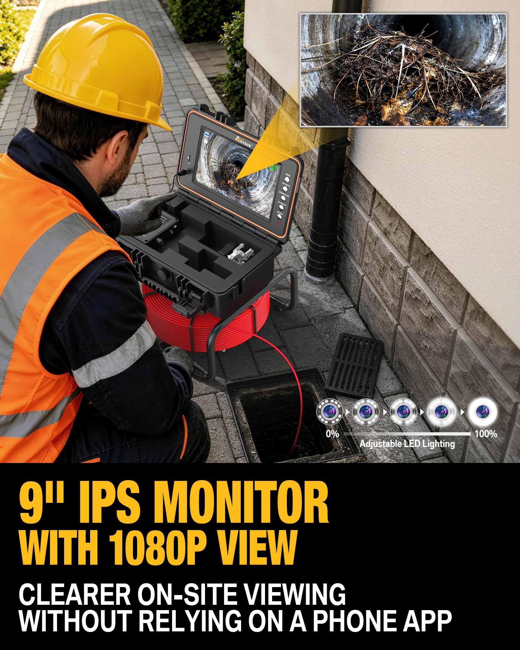Anysun Caméra Inspection Canalisation Autonivelante avec Sonde 512Hz, Compteur Métrique, Endoscope Industriel Plomberie 1080P, Écran IPS 9", DVR, 23mm Caméra IP68 Étanche pour Détection Fuite Bouchon