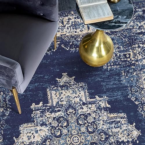 Miniatura 5 de Vivorug Alfombra de área de 5 x 7, resistente a las manchas, lavable para sala de estar, alfombra de inspiración vintage (azul marinoazul, 5 x 7