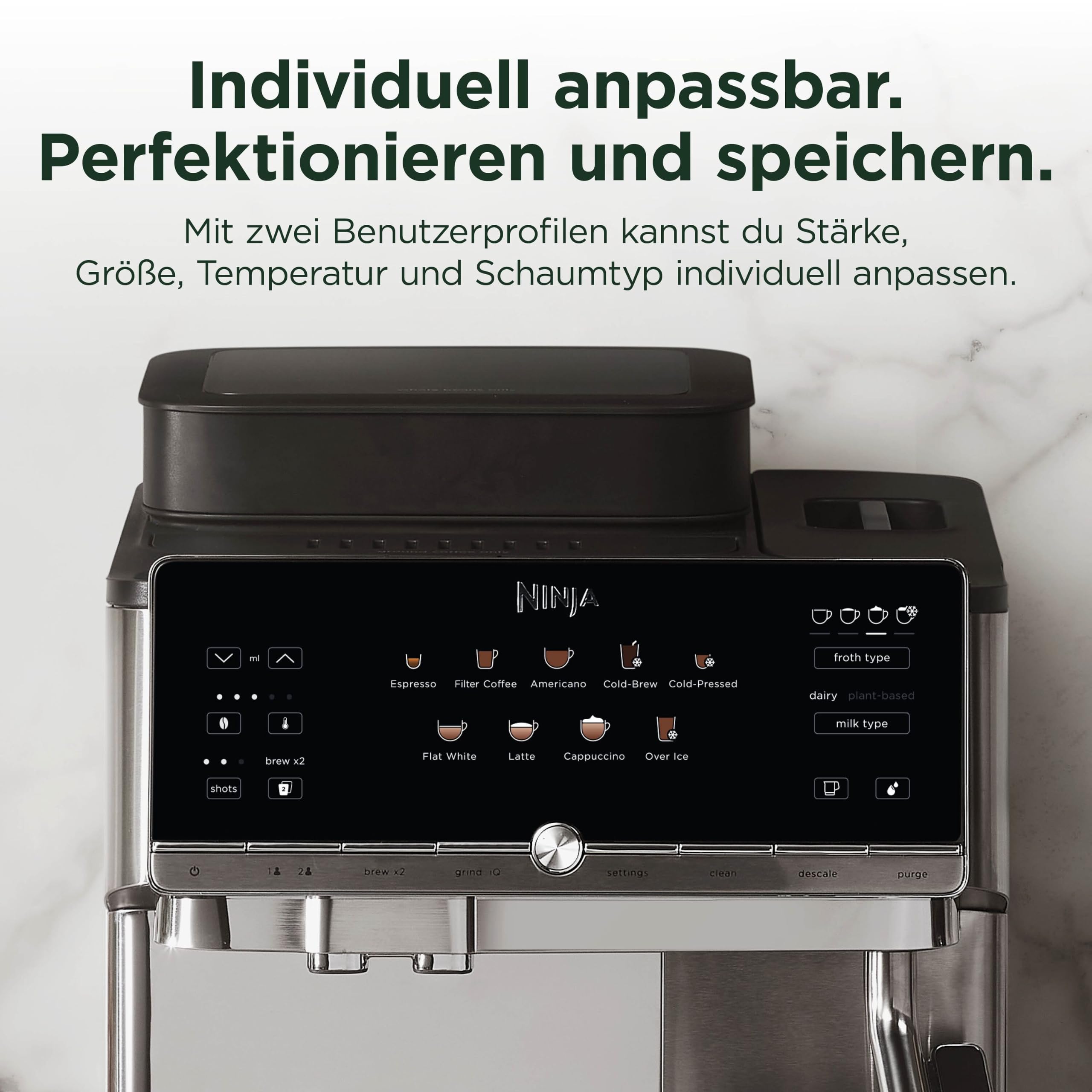Ninja AutoBarista Kaffeevollautomat für Espresso, Filterkaffee und Cold Brew, 10 Getränkeprogramme und 4 Milchaufschäum-Voreinstellungen, spülmaschinengeeignete, abnehmbare Teile, Silber AE1001EU