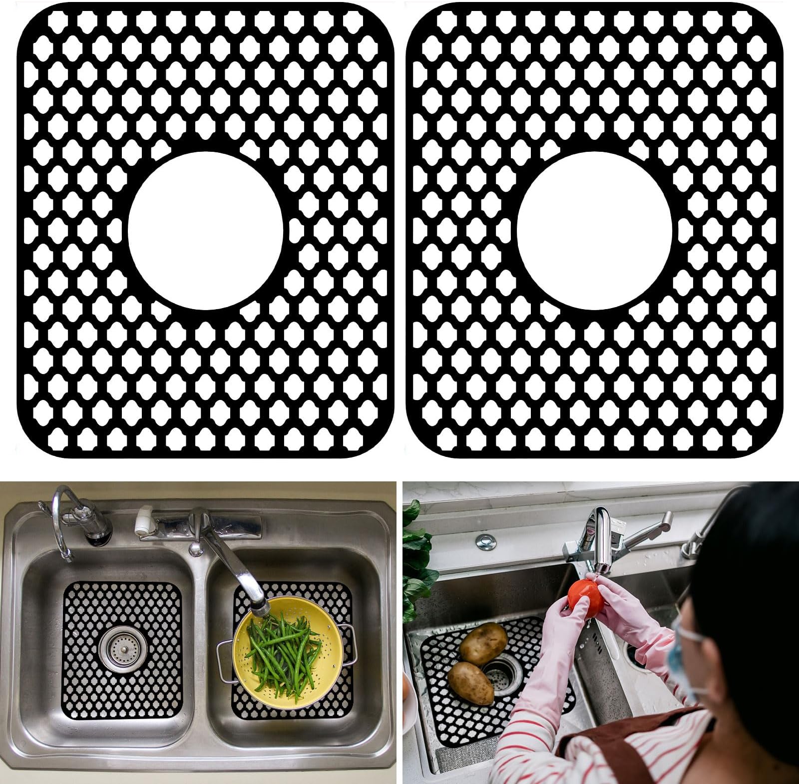 sink mat，2pc 13.5"x 11.6"silicone kitchen sink mat with drainage channel，Bowl drying, heat insulating mat，Prevents sink stains and scratches, for kitchen drains for sink protector（black）