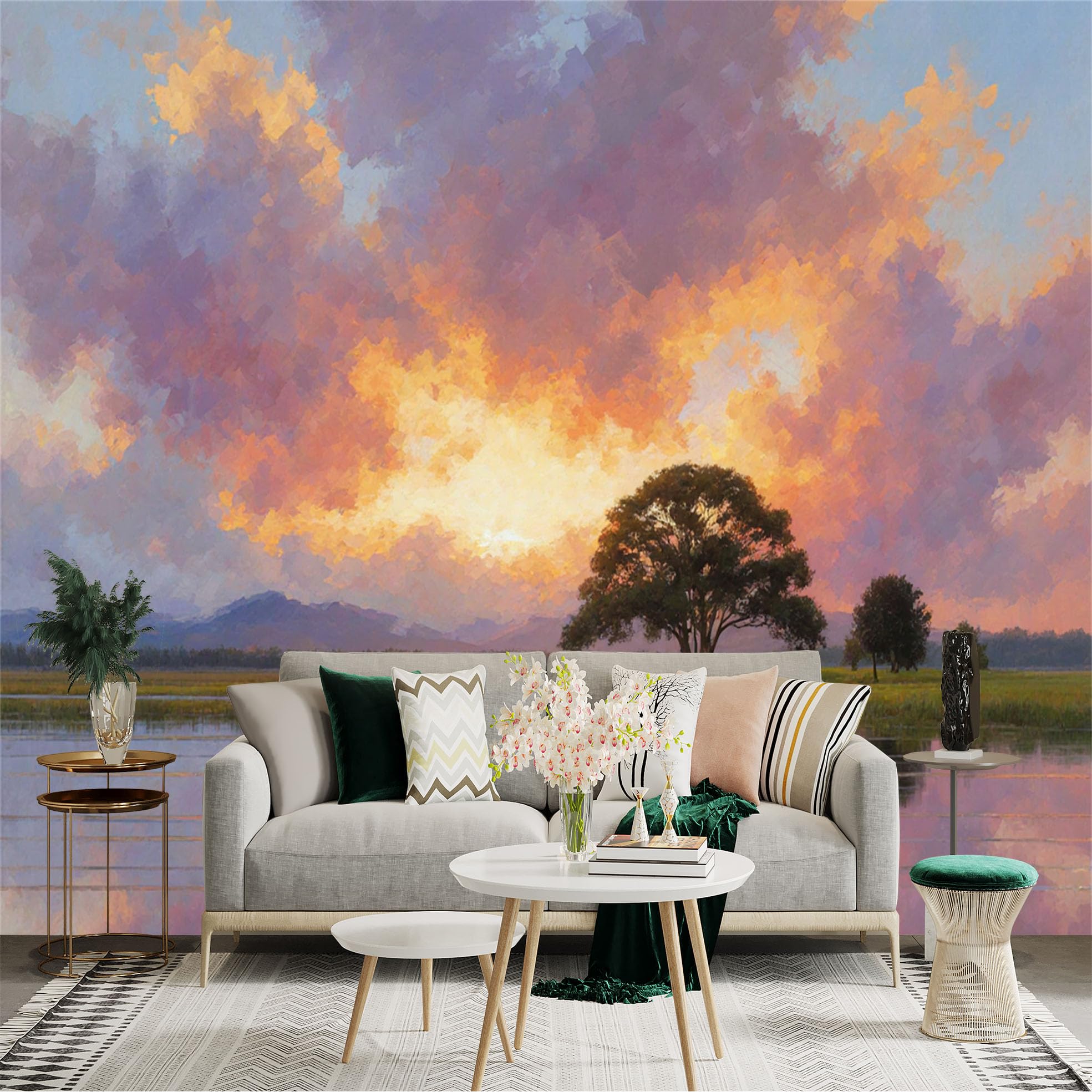 Custom Size Wall Sticker Mural， Sunset Landscape with Trees， Lake Reflection and Colorful Clouds， for wall Decoration， peelandstick wall Decals.