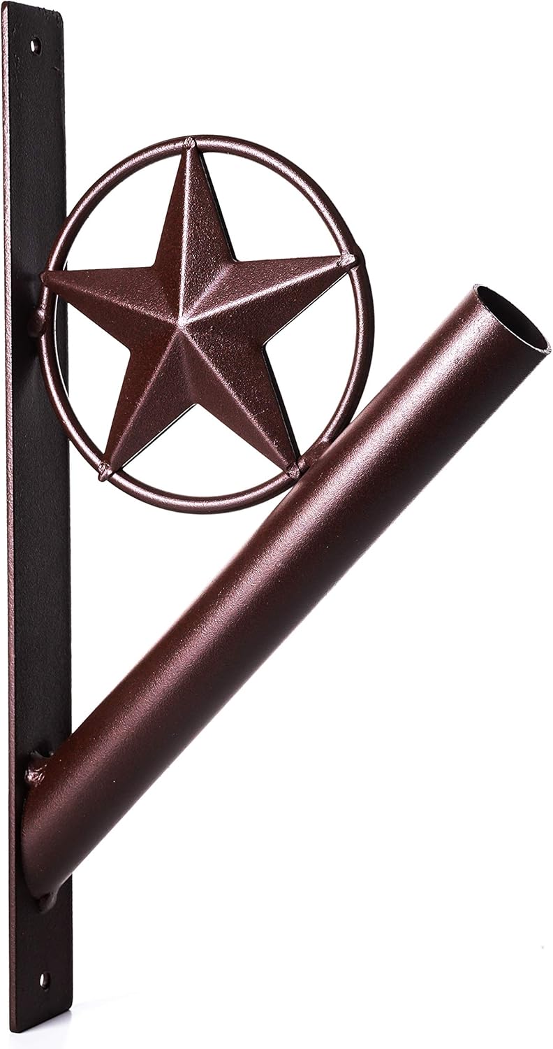 Flag Pole Holder - Texas Rustic Iron Star Bracket Mount Outdoor Wall Décor for House, Strong and Rust Free Coated, 1-1/8” Inner Diameter (Brown)