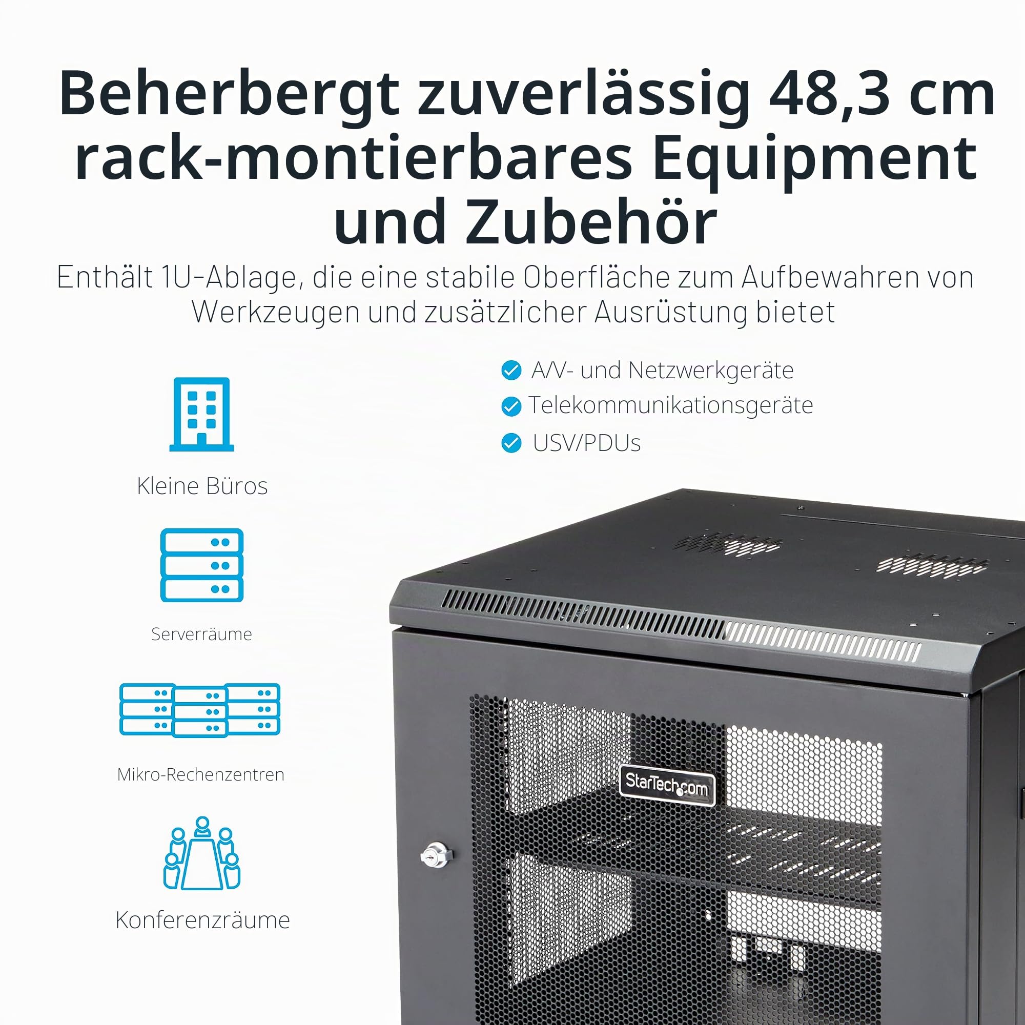 StarTech RK920WALM 9HE Wandmontage Server Schrank, 53 cm Schwarz | Server-Rack mit 1HE Fachboden, Für IT- und Datentechnik, Vormontiert geliefert, Einstellbare Tiefe