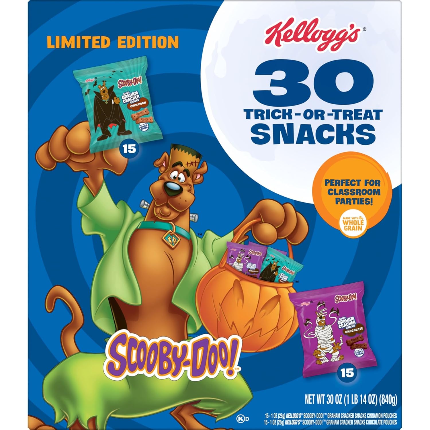 Kellogg's SCOOBY-DOO! Graham Cracker Snacks, Halloween Snacks, Trick or Treat, Variety Pack, 30oz Box (30 Pouches)