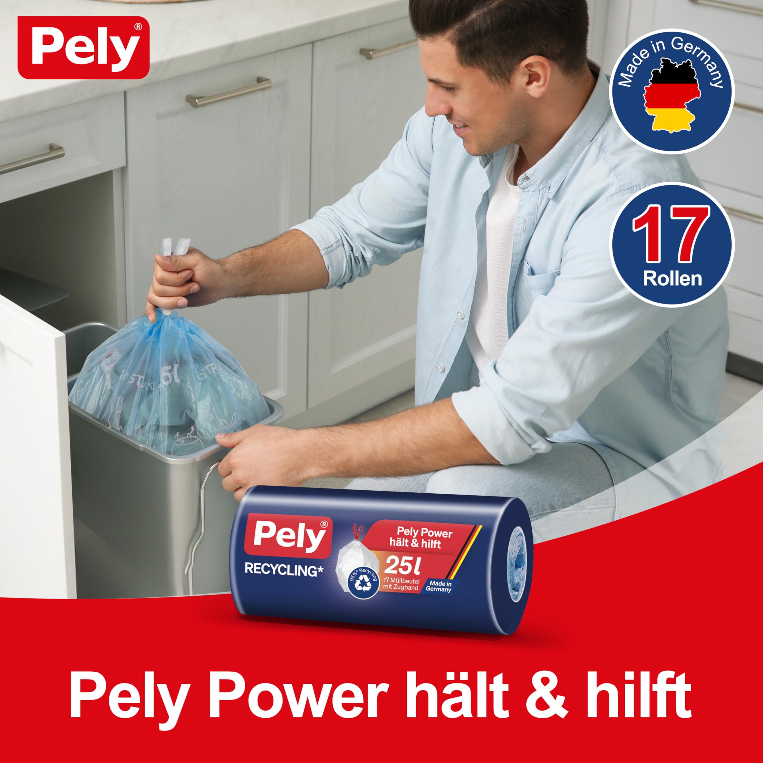 Pely Zugband Müllbeutel aus 95% Recyclingmaterial 35 Liter, Vorteilspack (16 x 14 Stück), blau, für die Entsorgung von Restabfall (35 Liter)
