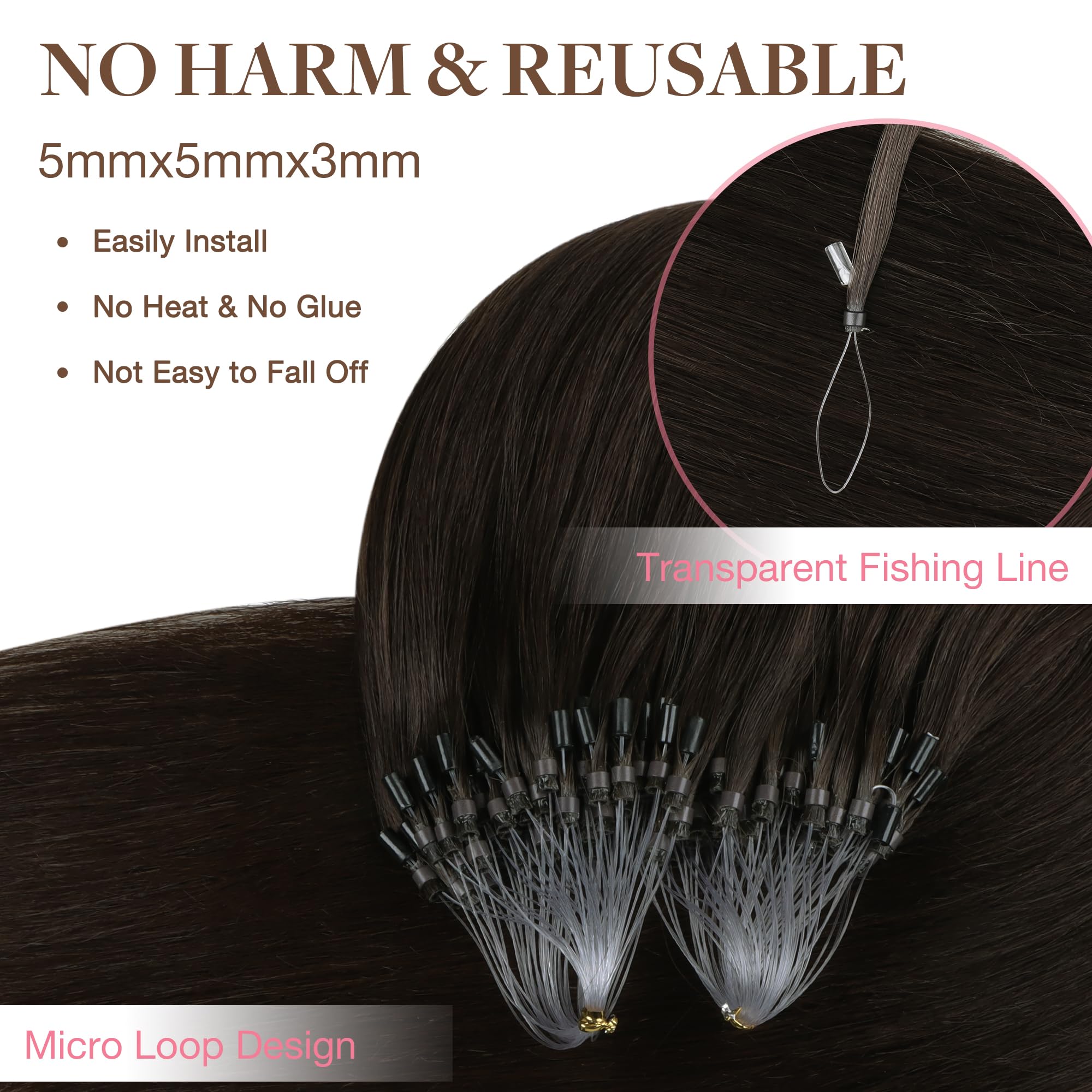 GOO GOO Micro Loop Hair Extensions Real Human Hair, Dark Brown 50g 16inch 50 Strands Cold Fusion Micro Bead Extensions - Image 4