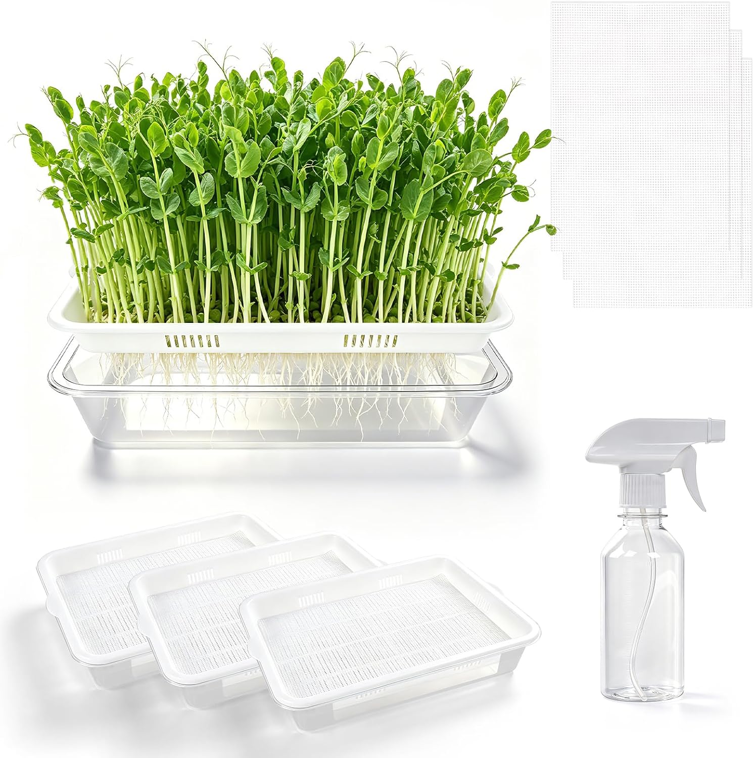 3 Pack Hard Acrylic Microgreens Growing Trays, Visual Soilless Sprouting Kit with Silicone Mats & Spray Bottle, Seed Germination Tray for Wheatgrass, Cat Grass & Vegetables