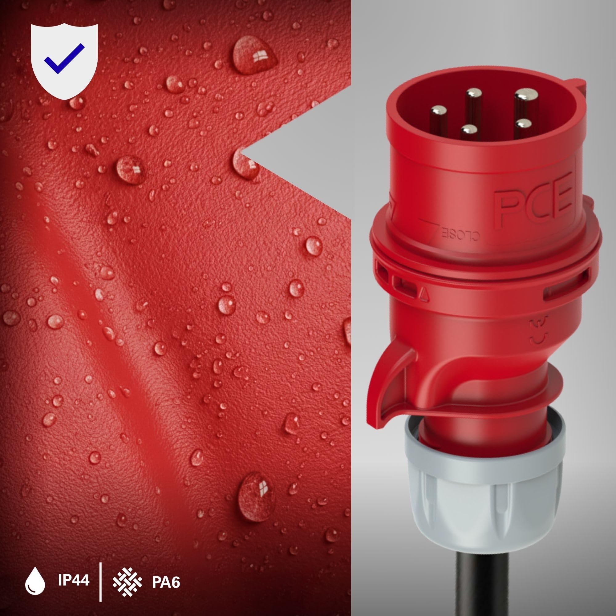 PCE 7025-6 Invertitore di Fase CEE 32A 5 Poli 6h IP44/IP54 Shark | Spina industriale 400V in PA6, morsetti a vite, contatti nichelati, ideale per cantieri e impianti trifase