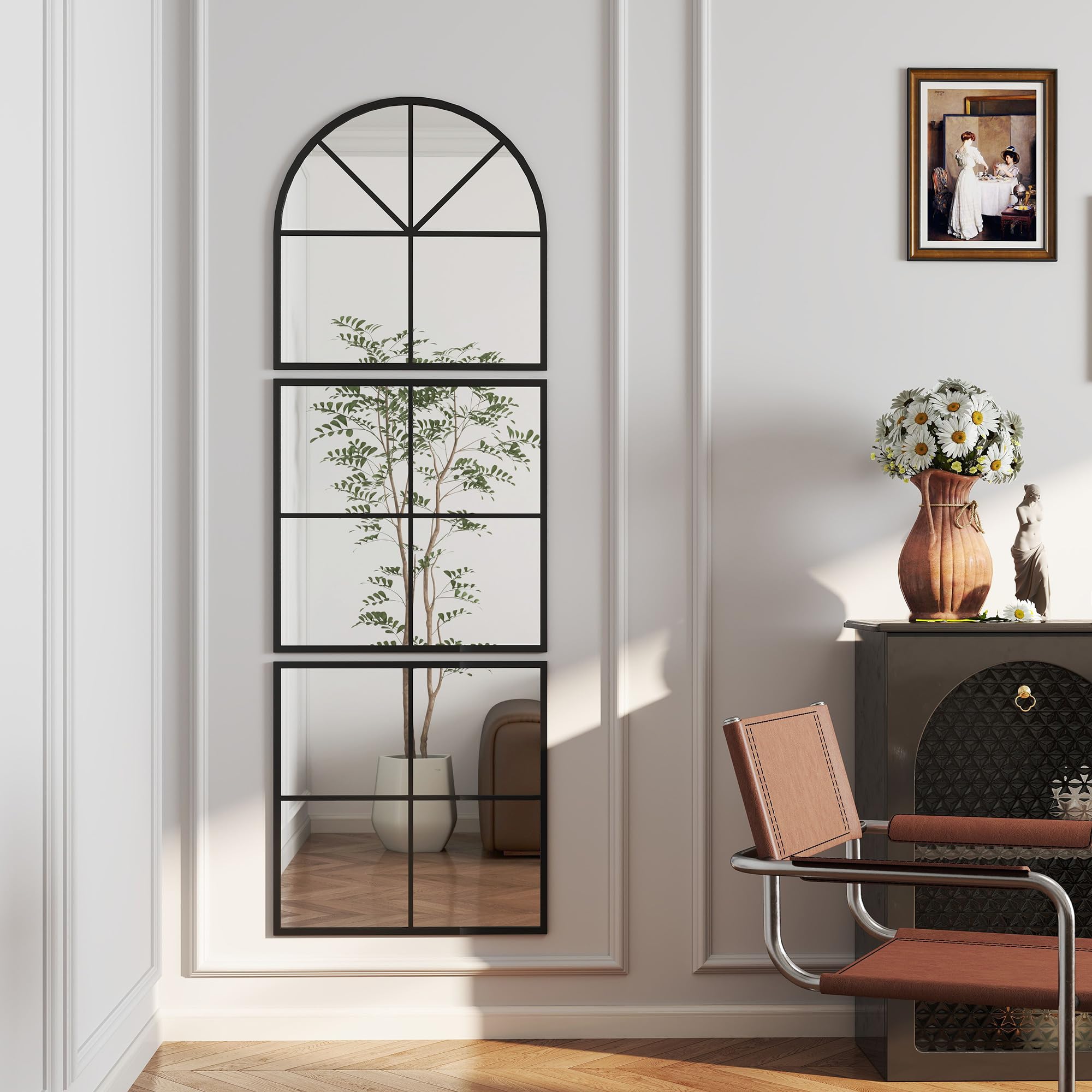 HOMCOM Miroir Mural arqué 60 x 180 cm, Grand Miroir verrière Arche Forme fenêtre avec Cadre en métal, pour Salon, Chambre, Couloir, Noir
