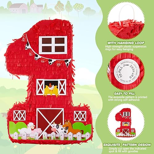 Miniatura 3 de Lewtemi Piñata número 1 de 16.5 pulgadas para niños, suministros de decoración de fiesta de primer cumpleaños con palo de madera, confeti para los