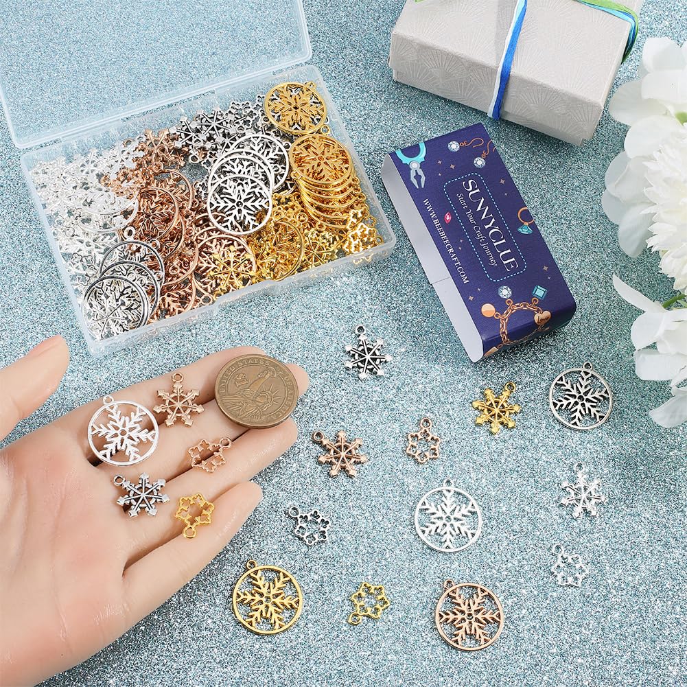 SUNNYCLUE 1 Box 120Pcs Christmas Snowflake Charms Bulk Winter Charm Alloy Gold Antique Silver Holiday Xmas New Year Mini Snow Flake Bead Charms for Jewellery Making Charms DIY Necklace Earrings - Image 3