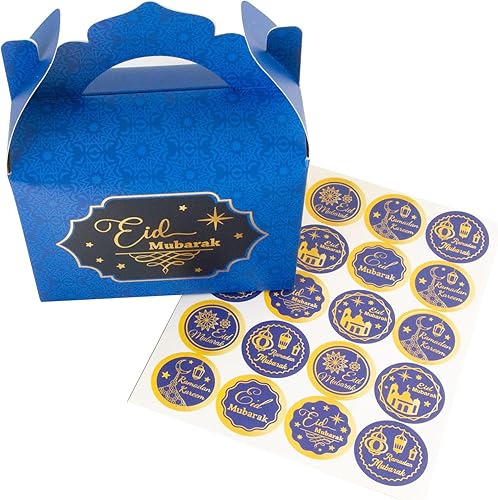 Miniatura 9 de FANCY LAND Eid Mubarak - Cajas de regalo de papel de aluminio dorado con calcomanías, cajas de regalo para fiesta de Ramadán