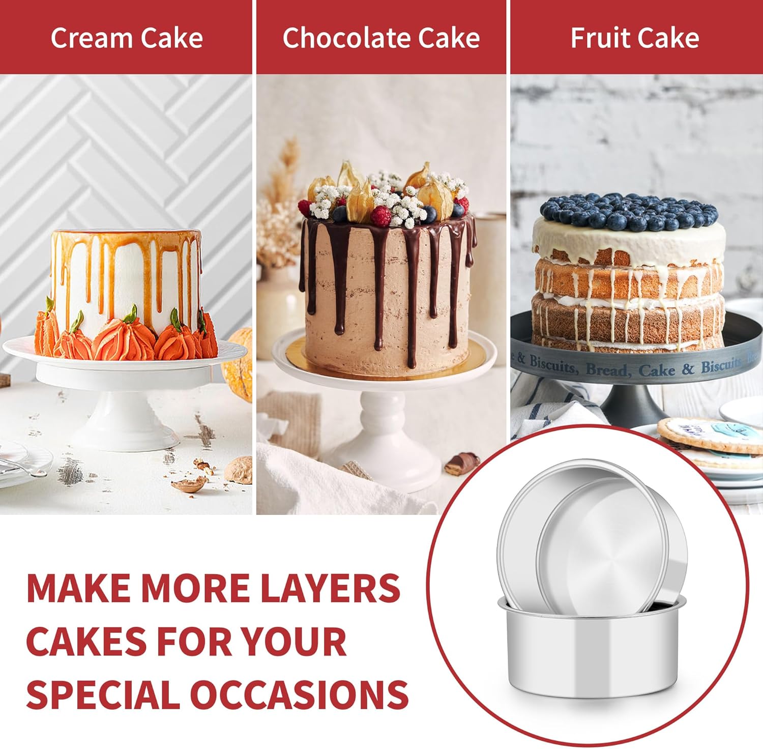 TeamFar 5 Inch Cake Pan Set of 6, Stainless Steel Small Layer Cake Baking Pans Tins, Round Bakeware for Birthday Wedding Party, Non-Toxic & Healthy, Mirror Finish & Dishwasher Safe