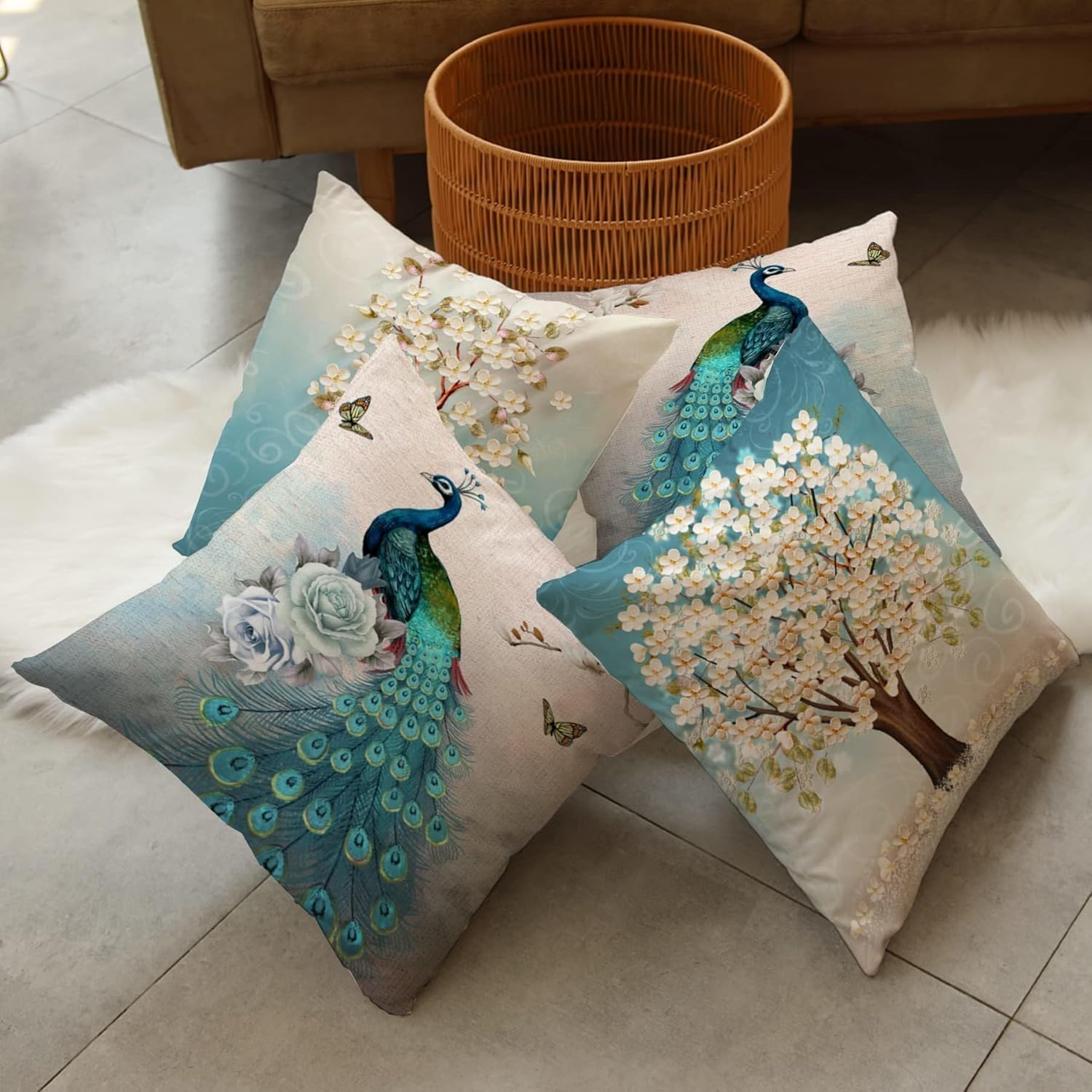 LIZALIG Set of 4 Pcs Peacock Print Cushion Cover Sturdy Linen Throw Pillows for Couch Set of 4 Peacock Covers 16"x16" - Image 2