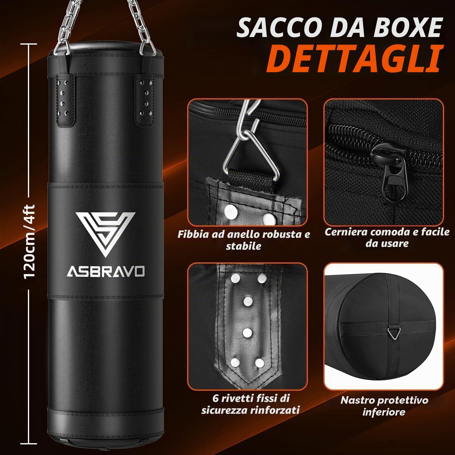 Sacco da Boxe per Adulti Set Completo, 120cm Sacco da Punching Pesante con Guantoni da 12 oz, Bende per Mani 5m, per MMA Karate Taekwondo Boxe Allenamento Casa Palestra - Da Riempire