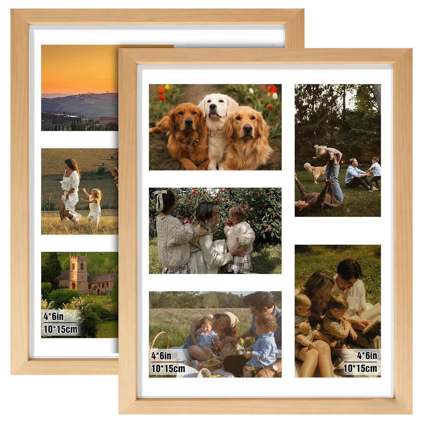 2 PCS Collage Picture Frame, 15.3x12.8 Inch Multi Photo Frame, Display Five 6x4 Inch Photos, Wall Display, Multi-aperture Picture Set for Home Office Living Room Décor (Wood color)