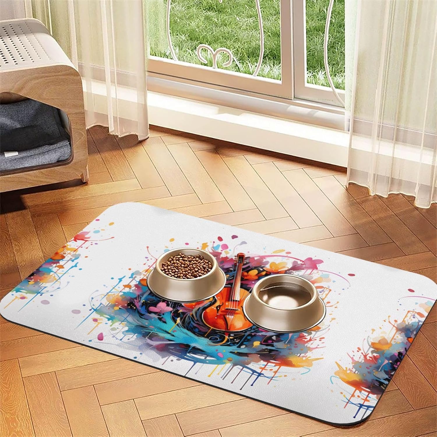 40x60cm Pet Absorbent Feeding Mat - Colorful Note Guitar Print Leather Non-Slip Placemat, for Dog Cat Food and Water Bowl Pads