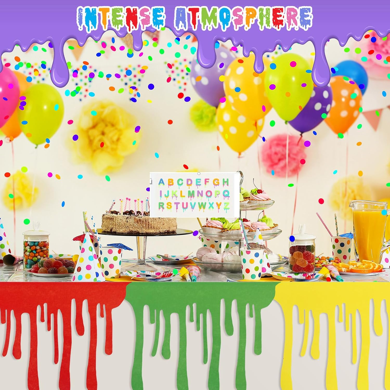6 Pcs Art Themed Party Table Skirt 40 x 28 Inch Colorful Paint Splatter DIY Paint Back to School Decorations with Double Sided Tape for Cartoon Happy Birthday Supplies