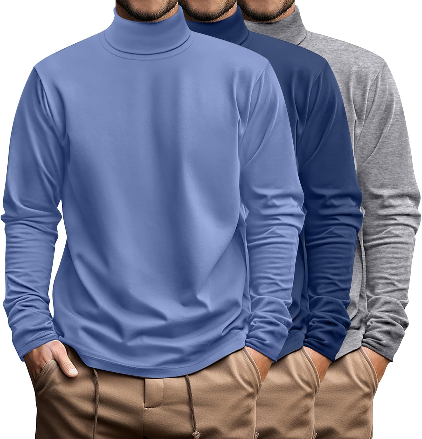 Ficerd 3 Pack Men's Big and Tall Turtleneck Shirts Cotton Long Sleeve Turtle Neck Tops Plus Size Loose Fit Basic Tee