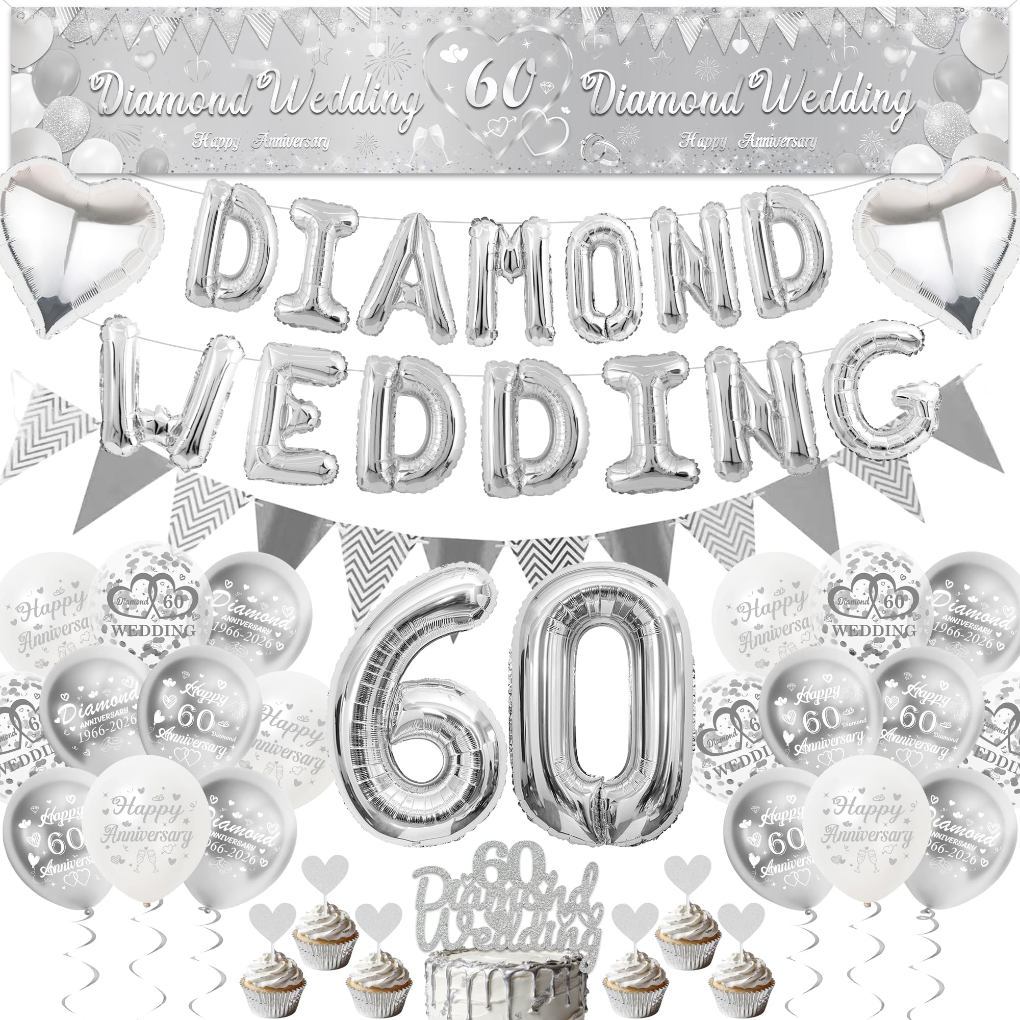 60th Wedding Anniversary Decorations Set - Diamond Wedding Yard Banner and Foil Letter Balloons for Happy Anniversary Party, Silver Number 60 Foil Balloons Bunting Cake Topper for 60 Years Decor