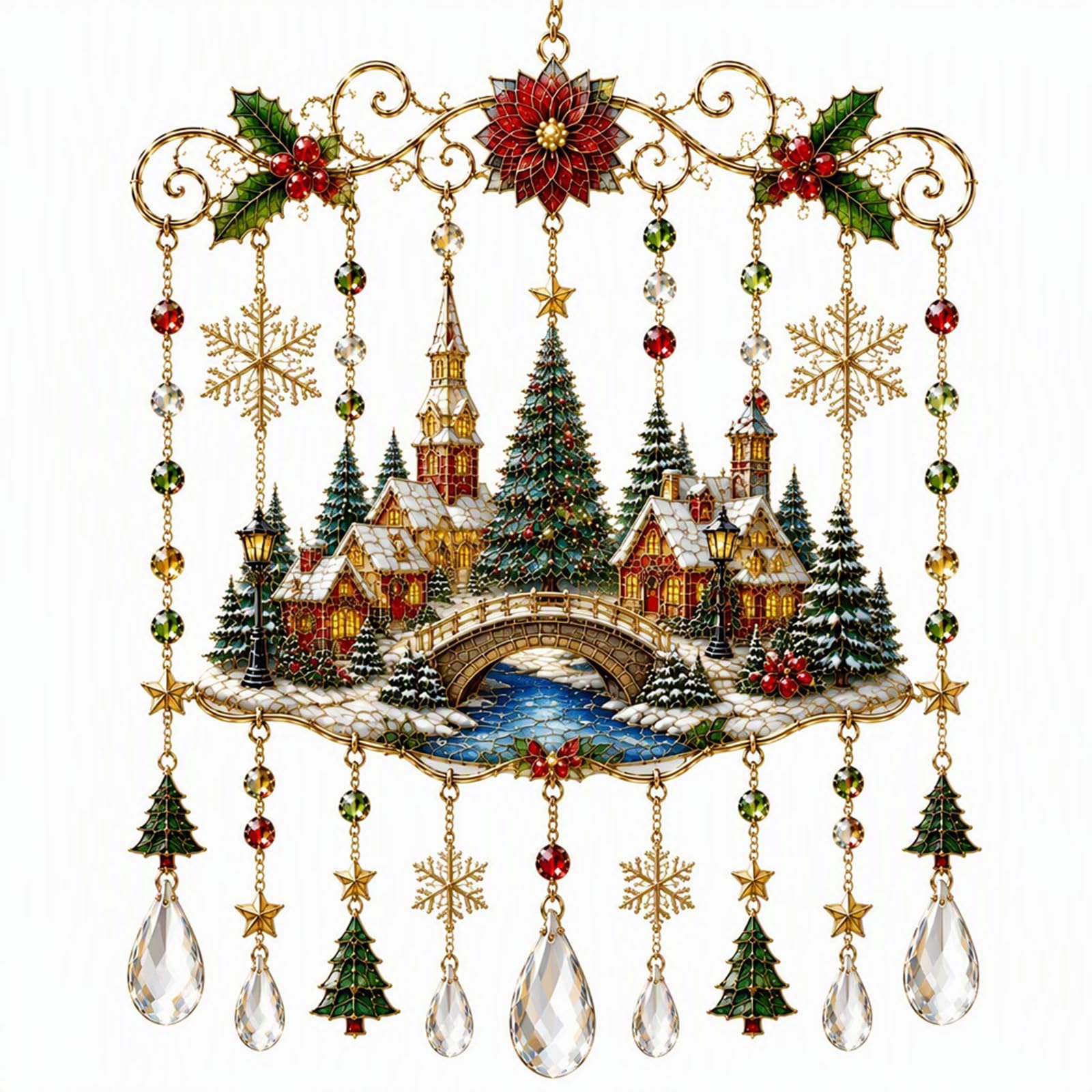 Christmas-Themed Metal Wind Chime,Christmas Glass Suncatcher Wind Chime