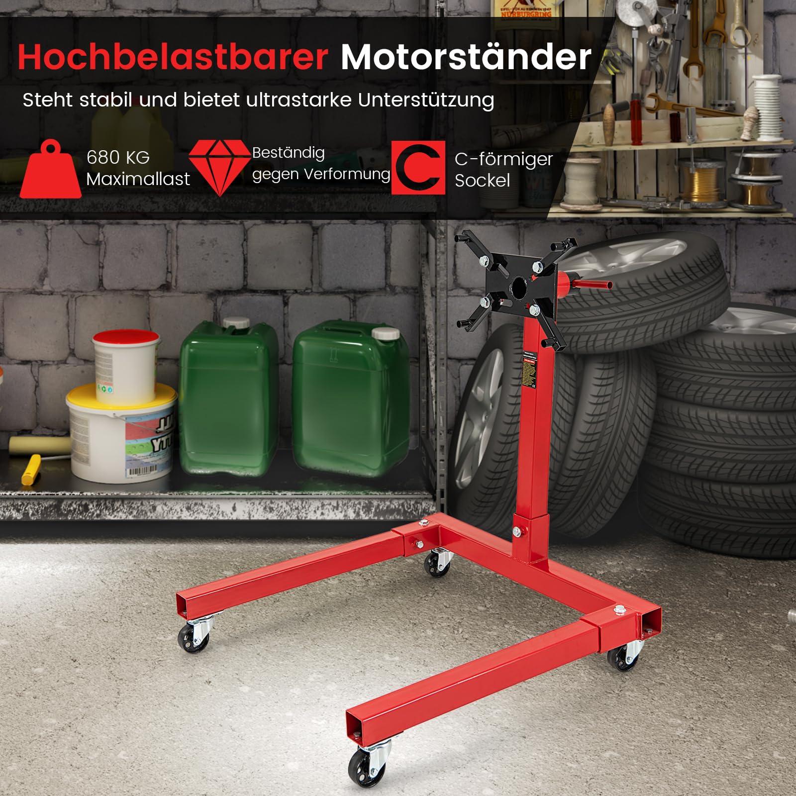 GOPLUS Podnośnik hydrauliczny z 680 kg nośności, podnośnik z obrotową głowicą o 360 stopni, 4 regulowanymi ramionami, 4 rolkami i antypoślizgowym uchwytem, podnośnik do garażu i warsztatu, czerwony