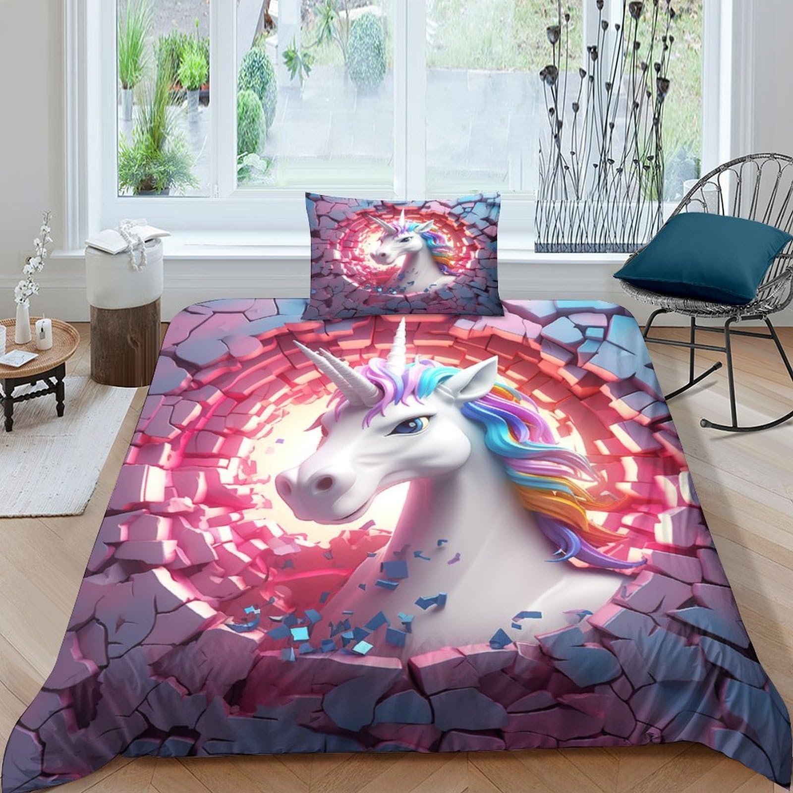Housse de couette licorne 3D 135x200cm en microfibre douce avec taie