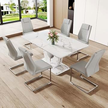 Dining Table Set for 6, Kitchen Table Chairs Set of 6, Modern Dining Room Set with 63'' Marble Dinner Table PU Leather Upholstered Chairs for Kitchen