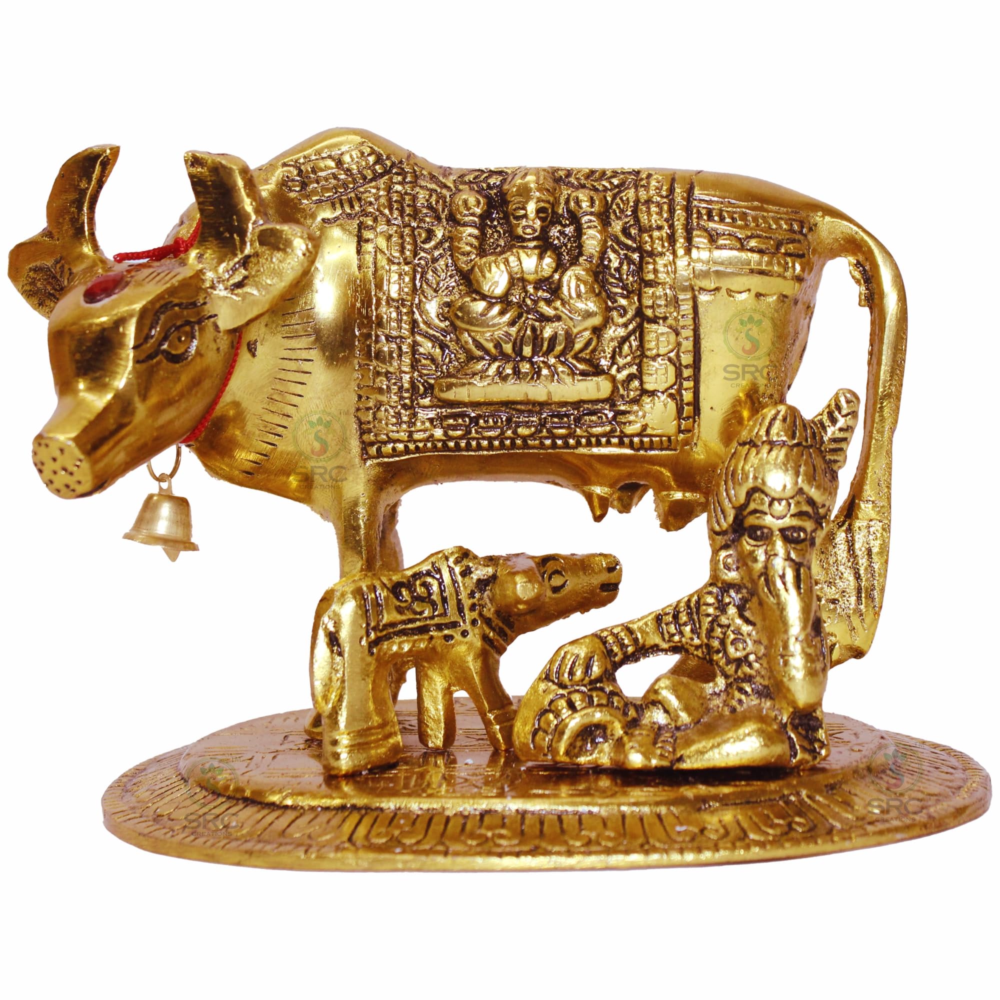 SRC CREATIONS Kamdhenu Oxidised Gold Finished The Wish granting Cow and Calf Figurine Decorative Gift Item (Colour Gold) (Size:15 x 10 x 12 cm)