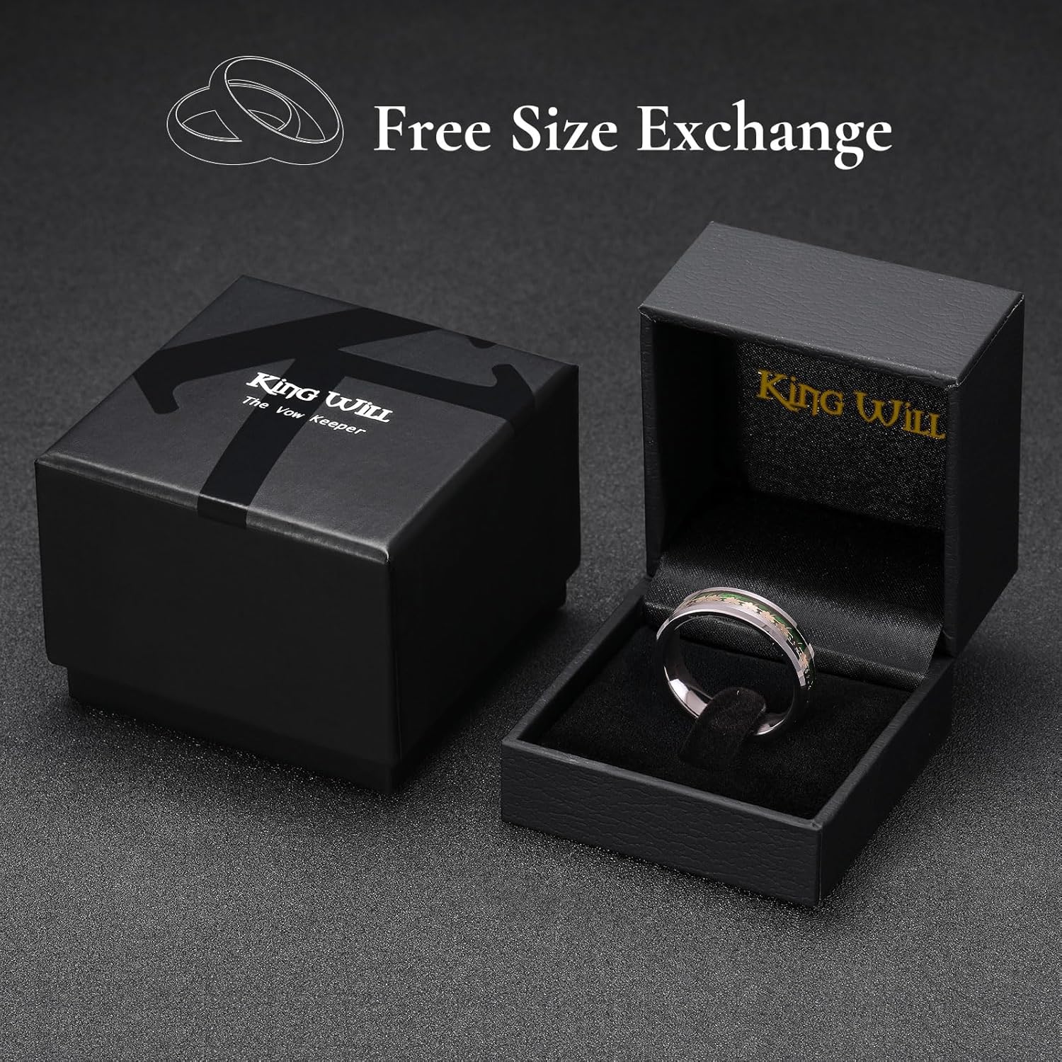 King Will 8mm Tungsten Clover Wedding Band for Men Gunmetal Ring Shell Plated Four Leaf Clover Inlay High Polish Beveled Edge Engagement Rings Comfort Fit Size 7-14