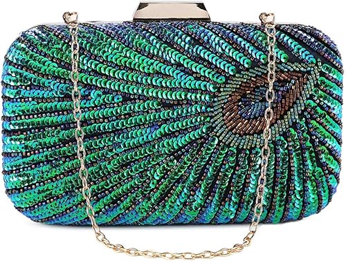 Beaded Sequin Peacock Evening Clutch Bags Party Wedding Purse