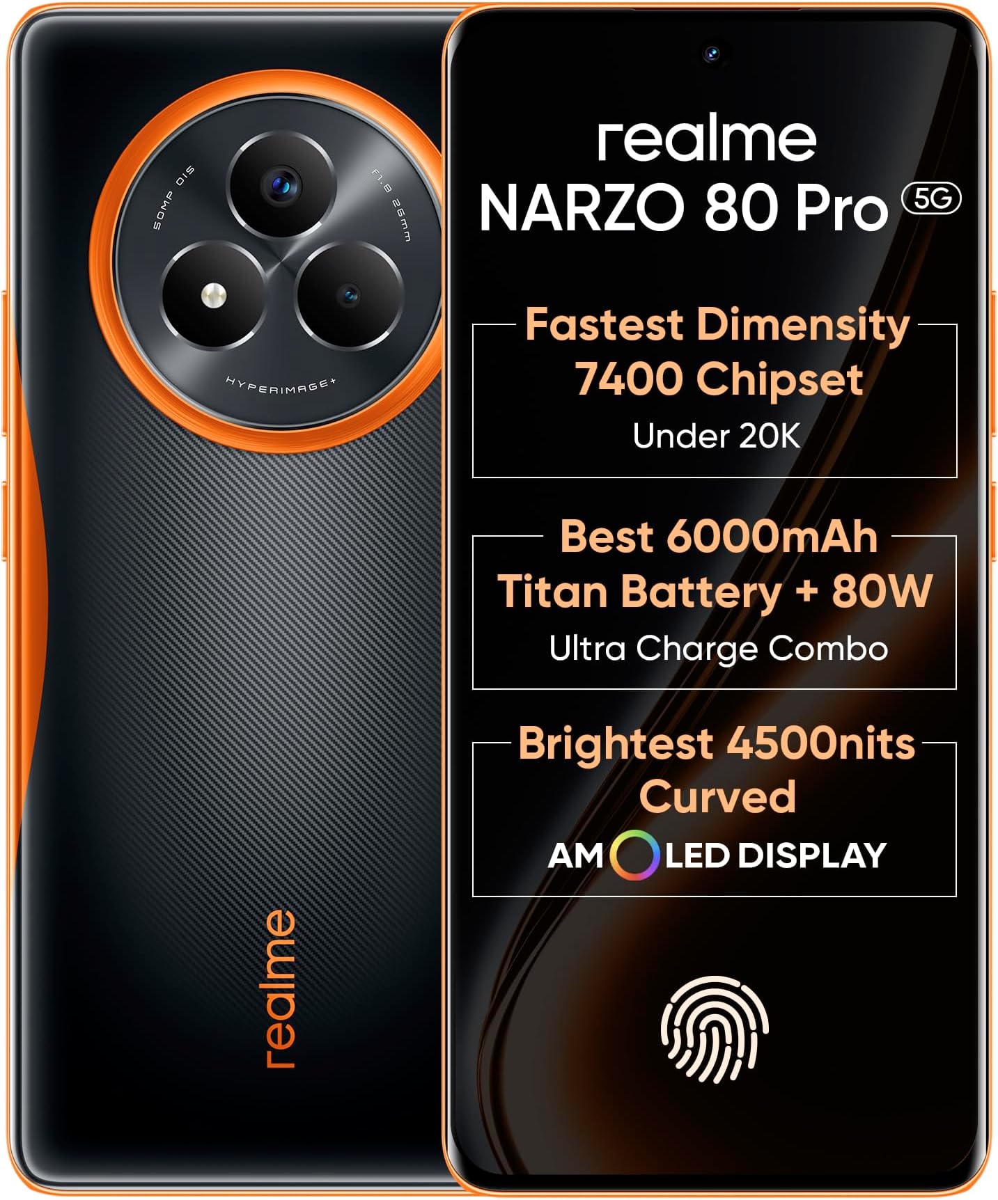 realme NARZO 80 Pro 5G (Nitro Orange,8GB+256GB) | Segment's 1st MediaTek Dimensity 7400 Chipset | 6000mAh Titan Battery + 80W Ultra Charge | 4500nits HyperGlow Esports Display | IP69 Waterproof