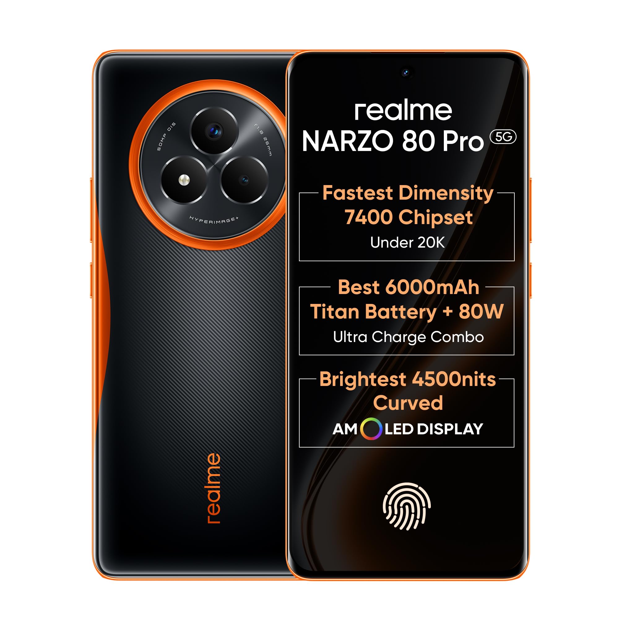 realme NARZO 80 Pro 5G (Nitro Orange,8GB+256GB) | Segment's 1st MediaTek Dimensity 7400 Chipset | 6000mAh Titan Battery + 80W Ultra Charge | 4500nits HyperGlow Esports Display | IP69 Waterproof