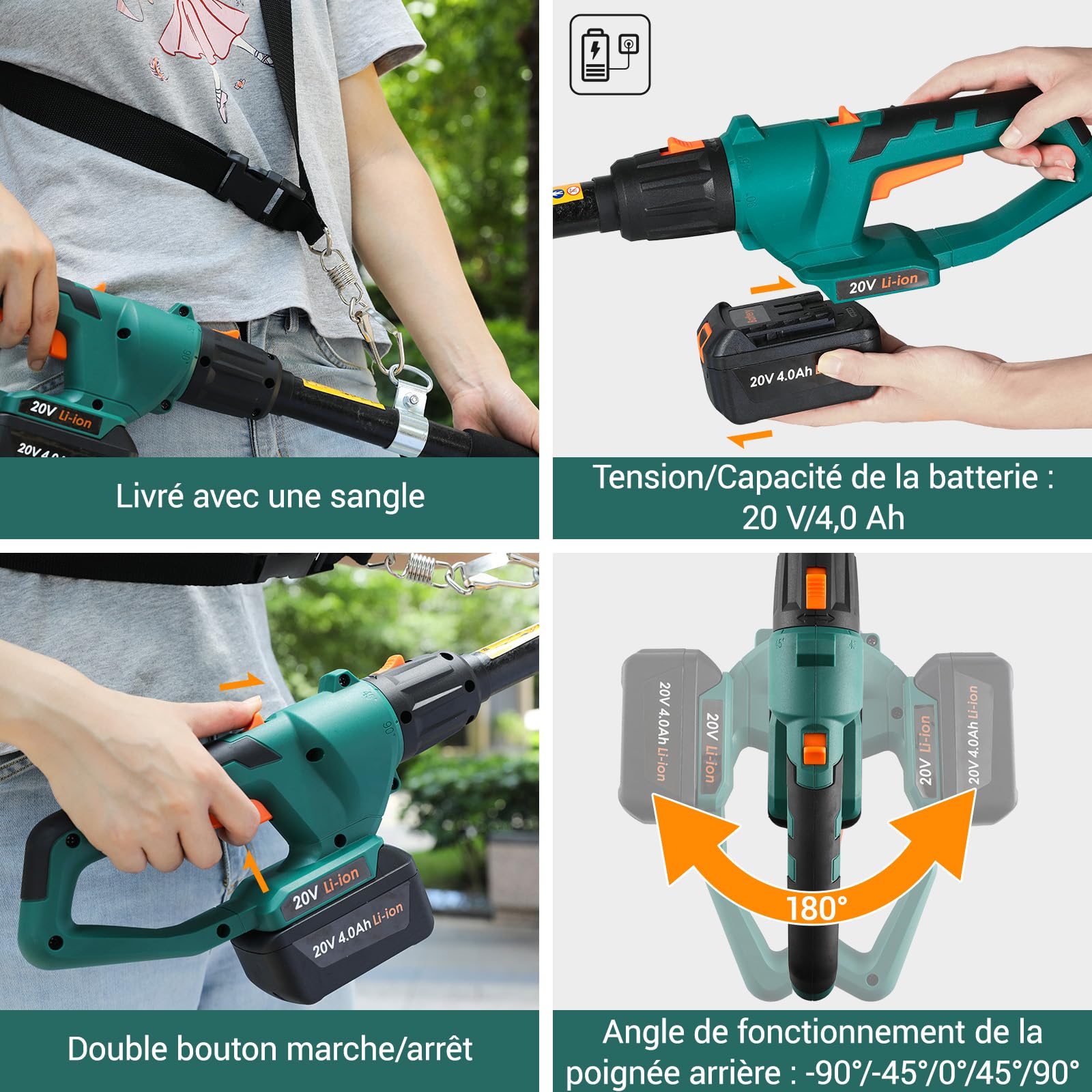Taille-haie Télescopique sans Fil, Taille-Haies sur Perche Batterie Li-ION 20 V 4 Ah/Chargeur, Longueur de Lame 45 cm, Capacité: 15mm, Poignée Principale Orientable, Tête Inclinable, 4 m de Portée