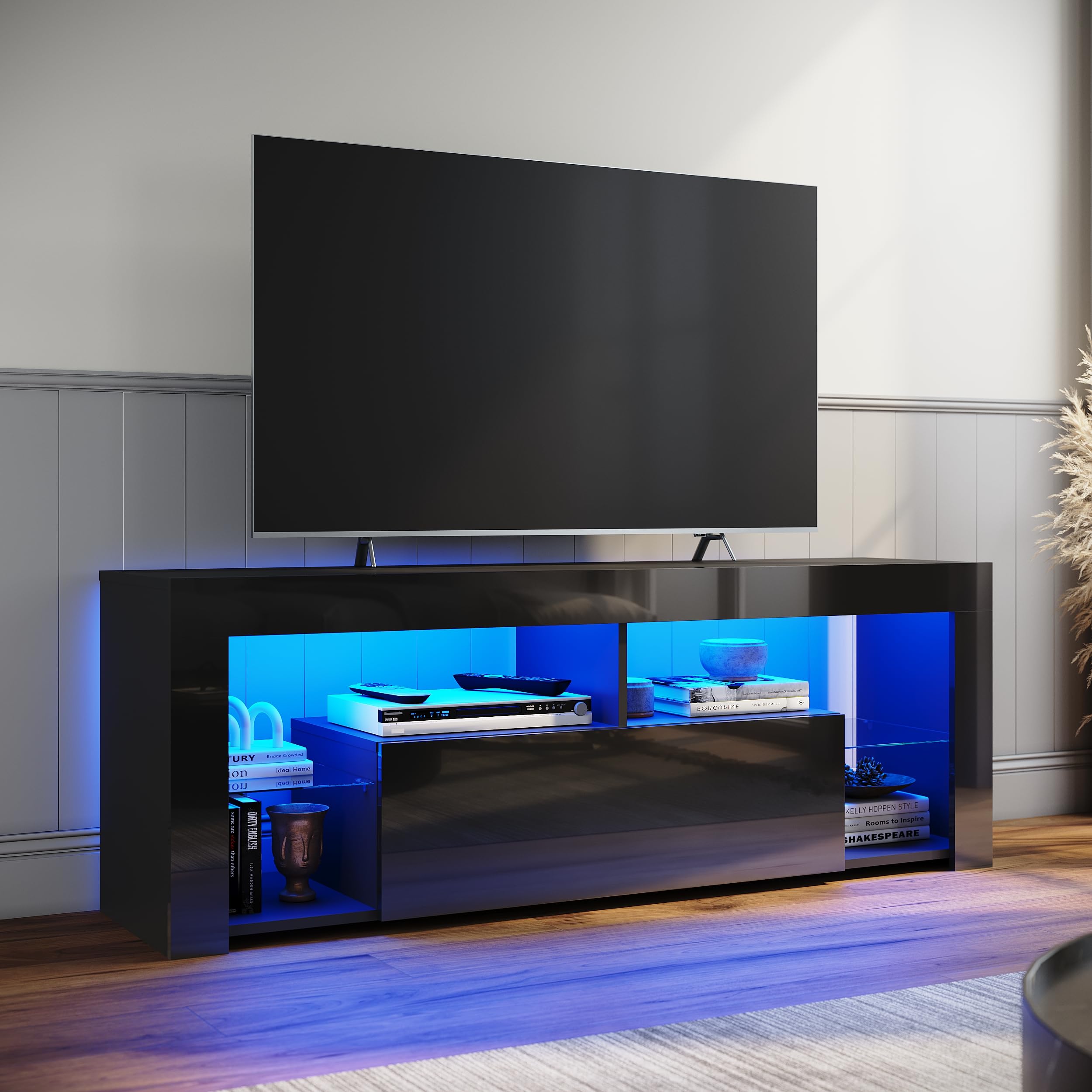 ELEGANT TV Stand Cabinet Unit with 16 RGB LED Lights, High Gloss TV Stand with Large Storage and 1 Big Drawer, Modern Black TV Cabinet with 2 Glass Shelf for Living Room, Bedroom 1400x350x505mm