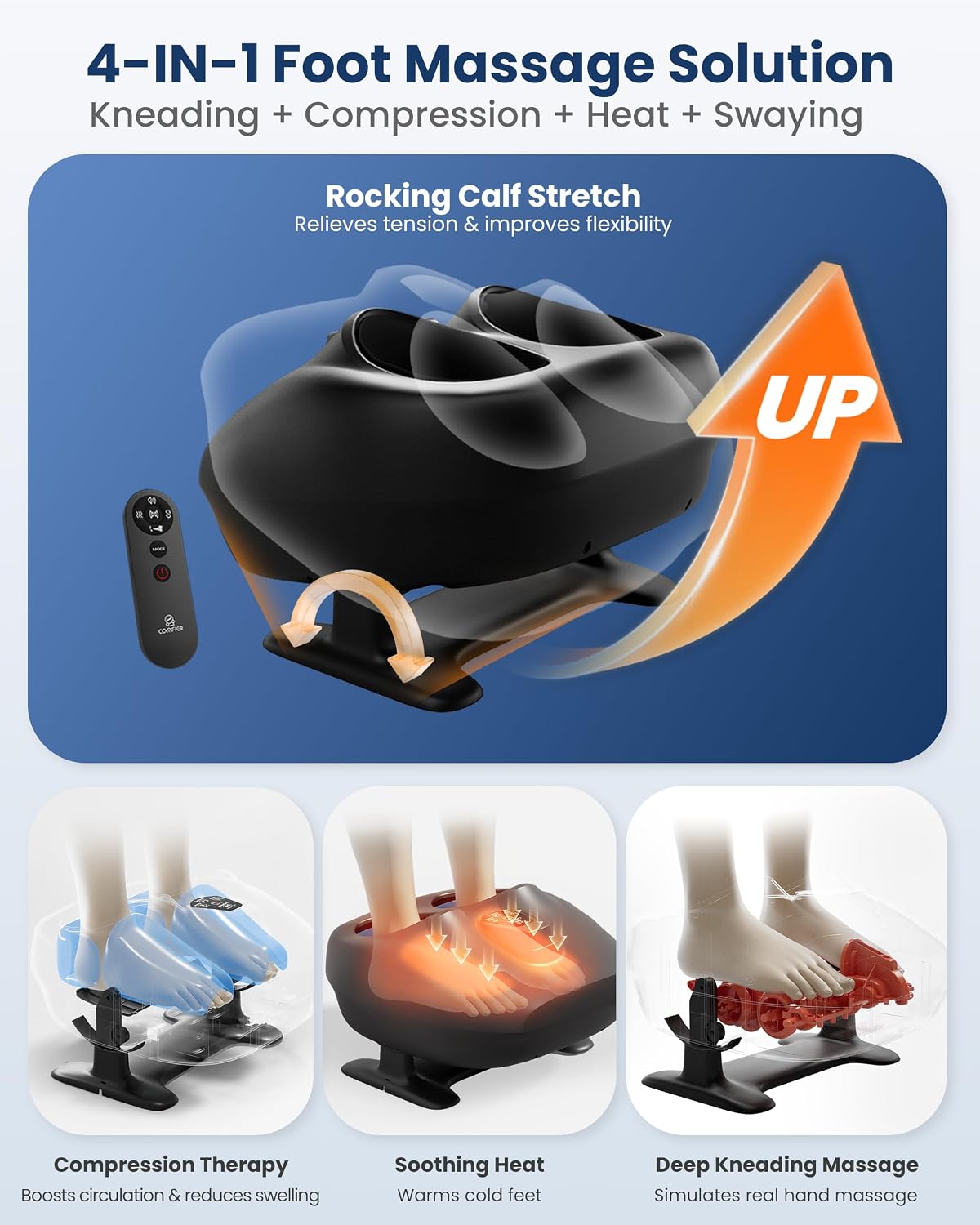 COMFIER 2026 Upgrade 4 in 1 Swaying Foot Massager with Heat, 5 Levels Compression & 3 Modes Deep Kneading Shiatsu Feet Massage for Plantar Fasciitis Neuropathy, Muscle Ankle Stretch, with Remote