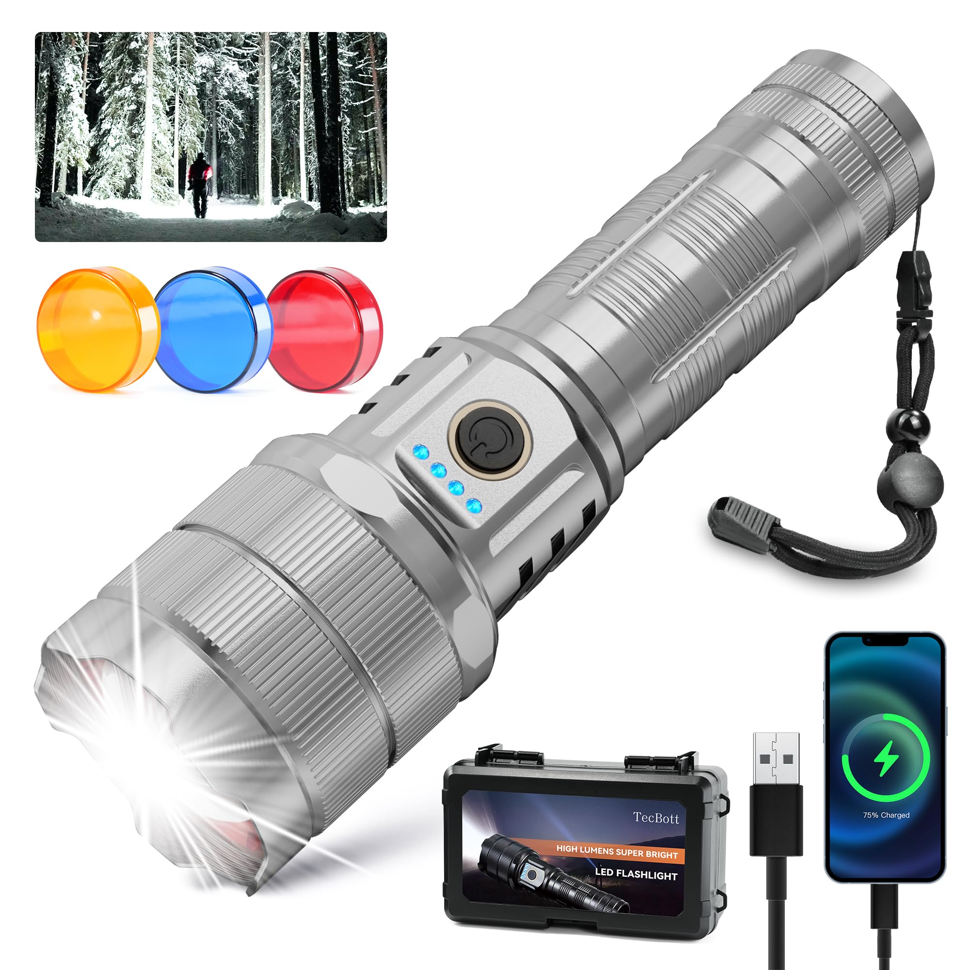 TECBOTT 10000 High Lumens Flashlights LED Rechargeable Tactical Flashlight 5 Modes Zoomable Fast Charging IPX6 Waterproof Flash Light Super Bright