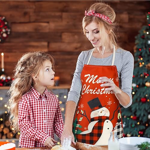 Miniatura 2 de Delantal de Navidad de 4 piezas, delantal de búfalo rojo y negro, delantal ajustable para hornear de cocina con palabras de copo de nieve