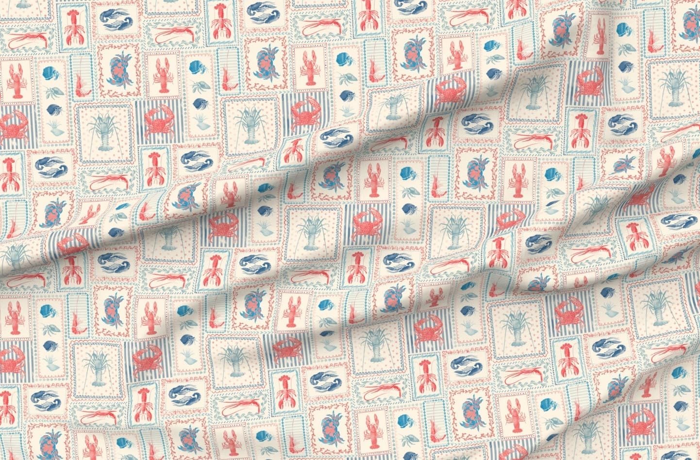 Spoonflower Fabric - Coastal Patchwork Cream Blue Red Stripes Crab Lobster Marine Life Printed on Organic Cotton Sateen Fabric by The Yard - Sewing Quilting Apparel Home Decor