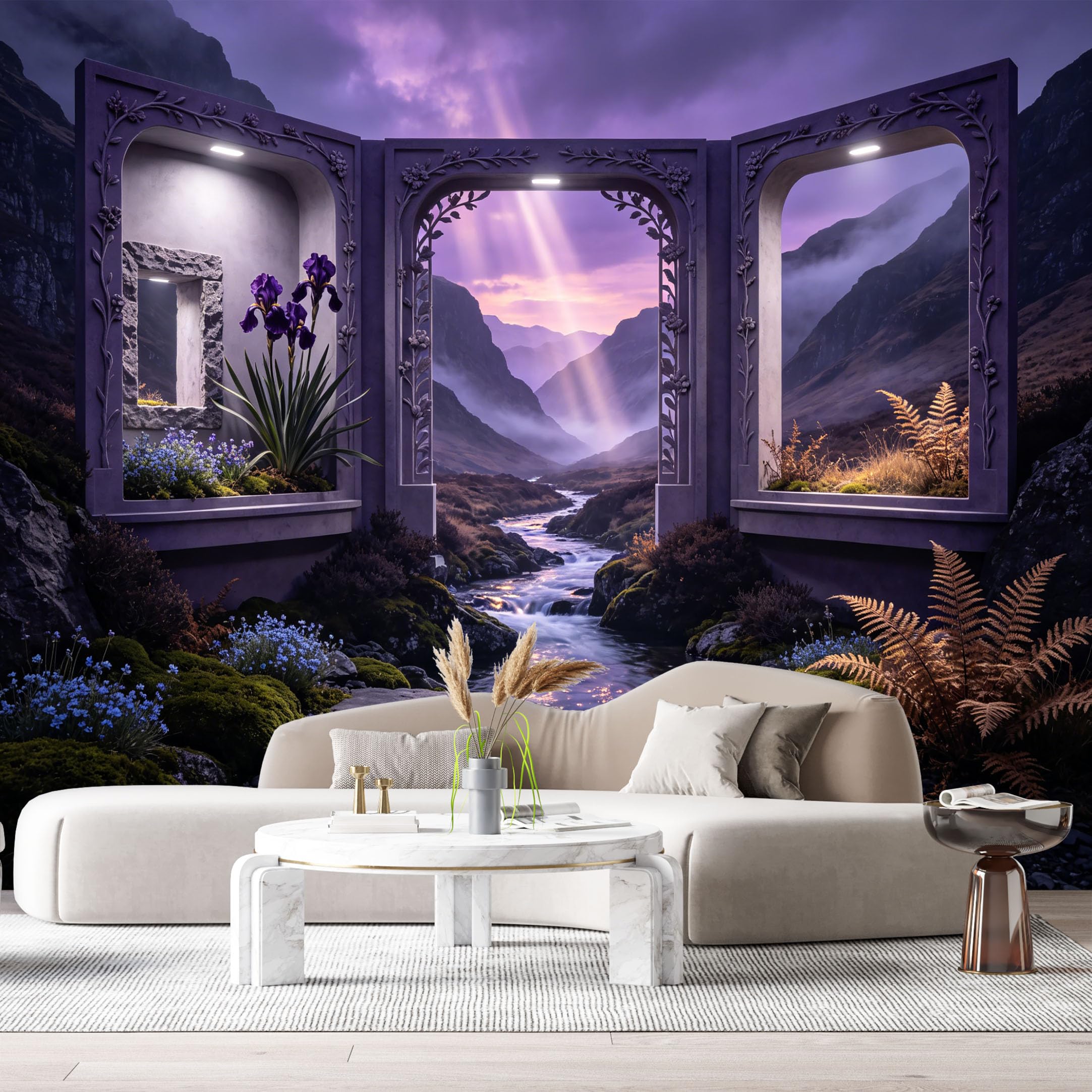 Custom Size Wall Murals 3D Trompe L'Oeil Archway Mountain Lake Botanical Iris Flowers Sunset Scenery SelfAdhesive Wall Fabric Removable Large Wallpaper for Photo Living Room